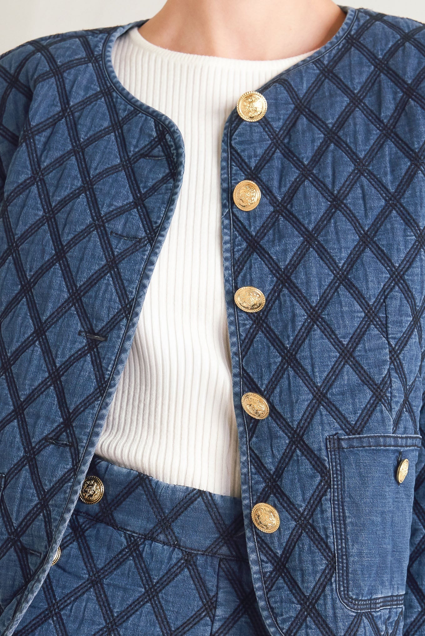 ModernLuxe Quilted Woven Jacket With Gold Buttons Front Flying Tomato