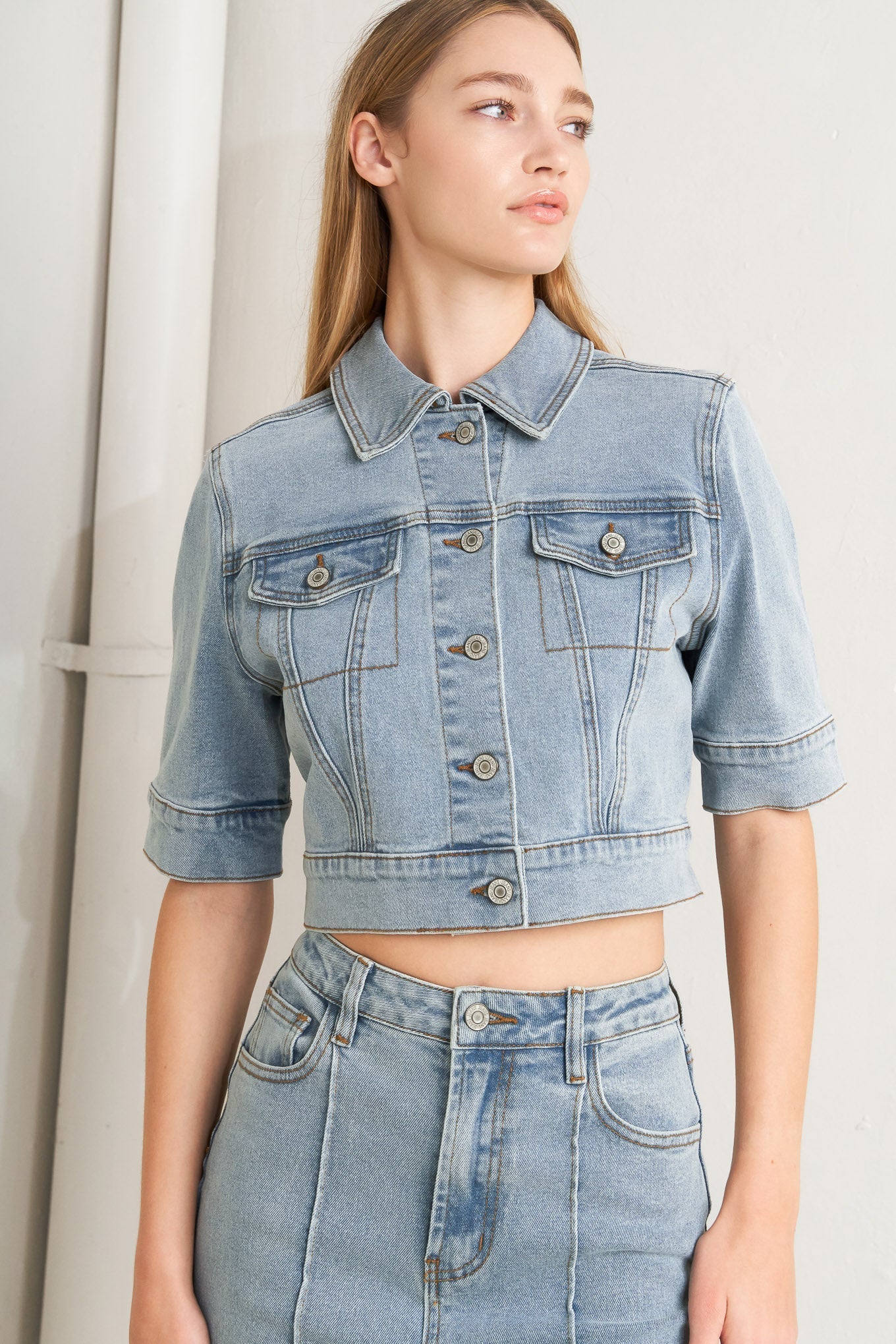 Washed Denim Jumpsuit With Collar Hidden Button Down Zipper Closure Pockets Flying Tomato