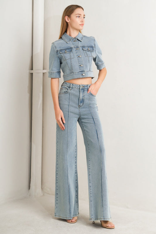 Washed Denim Jumpsuit With Collar Hidden Button Down Zipper Closure Pockets Flying Tomato