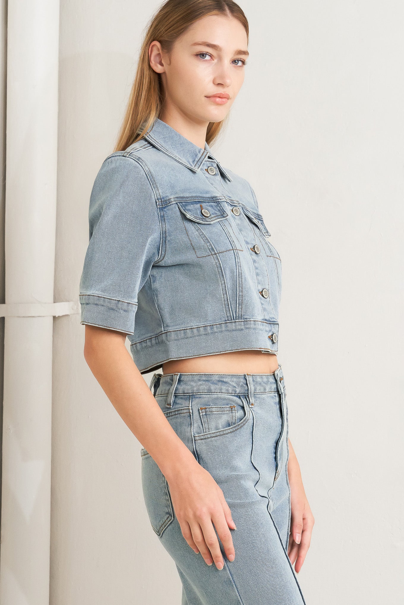 Washed Denim Jumpsuit With Collar Hidden Button Down Zipper Closure Pockets Flying Tomato