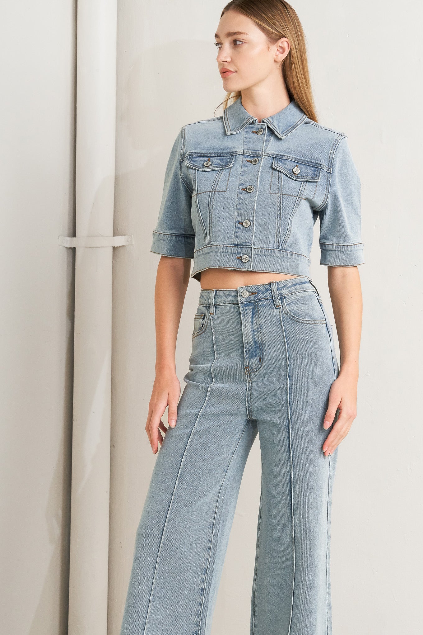 Washed Denim Jumpsuit With Collar Hidden Button Down Zipper Closure Pockets Flying Tomato