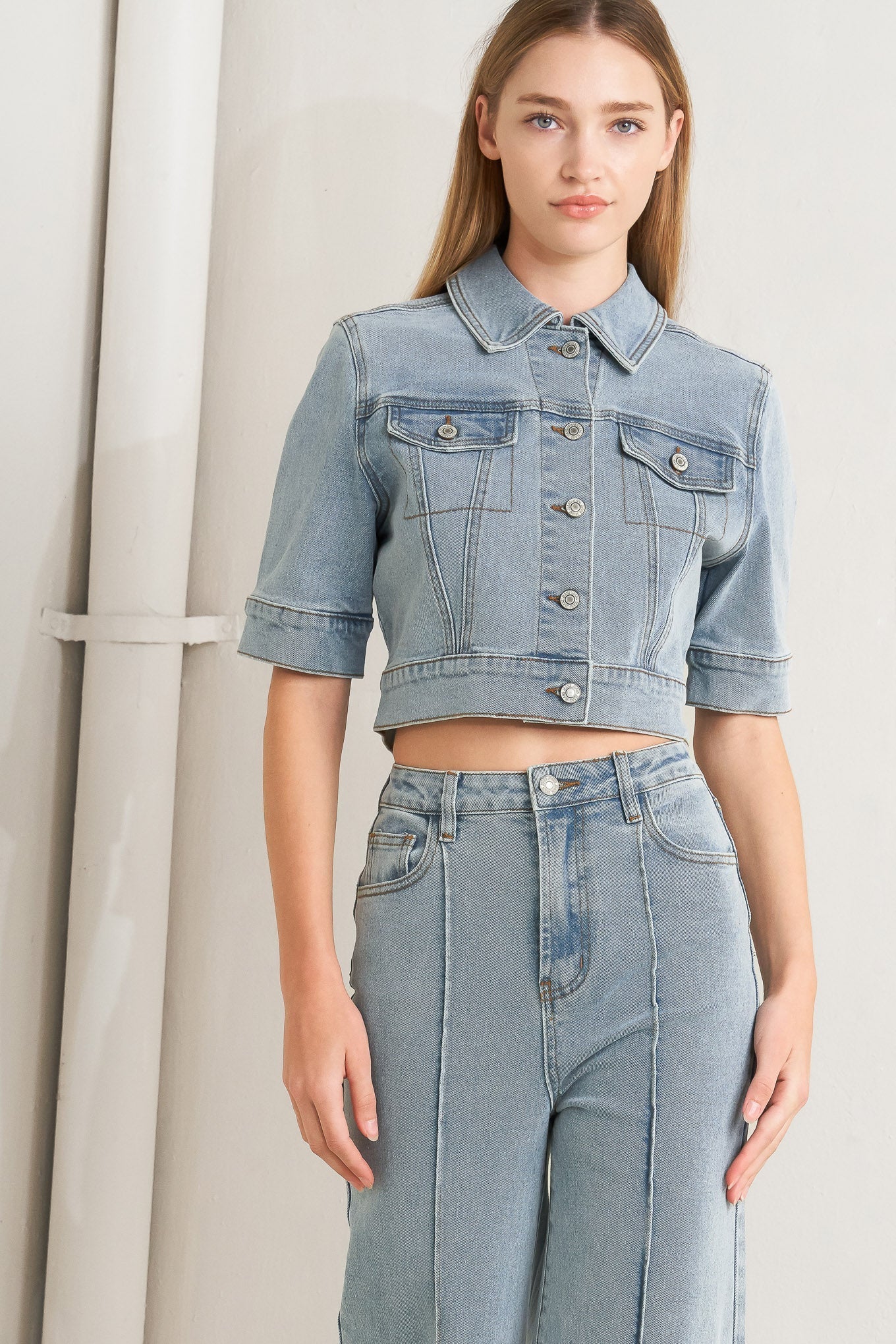 Washed Denim Jumpsuit With Collar Hidden Button Down Zipper Closure Pockets Flying Tomato