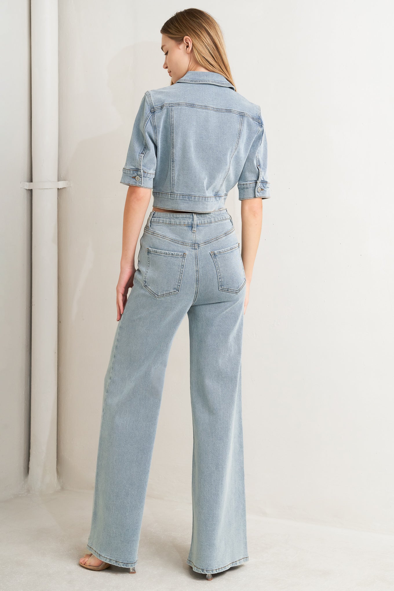 Washed Denim Jumpsuit With Collar Hidden Button Down Zipper Closure Pockets Flying Tomato