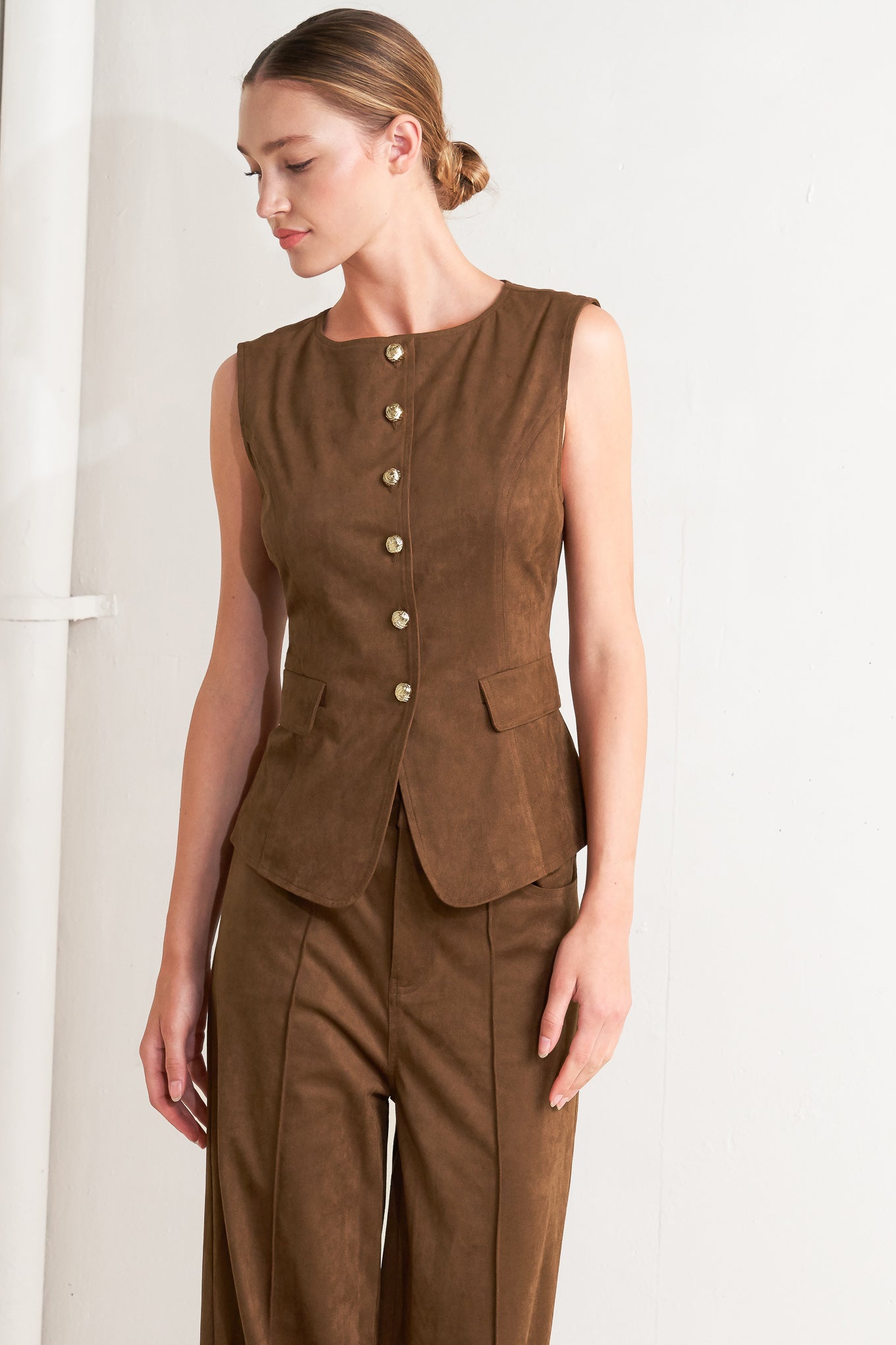 BROWN SUGAR FAUX SUEDE VEST Flying Tomato