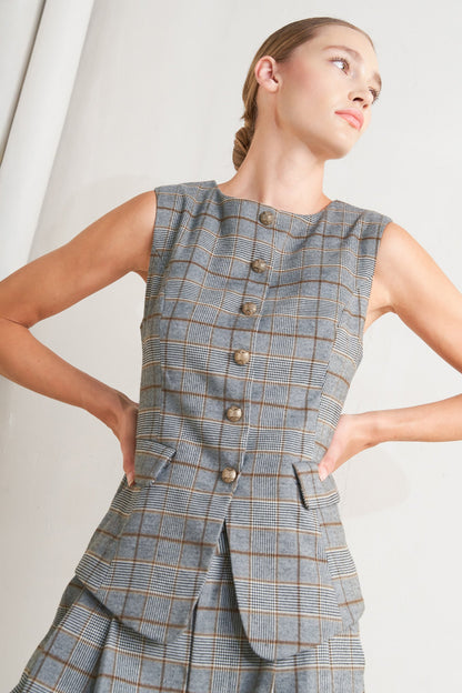 New Age Plaid Woven Vest Front Button Down Sleeveless
