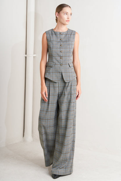 New Age Plaid Woven Vest Front Button Down Sleeveless