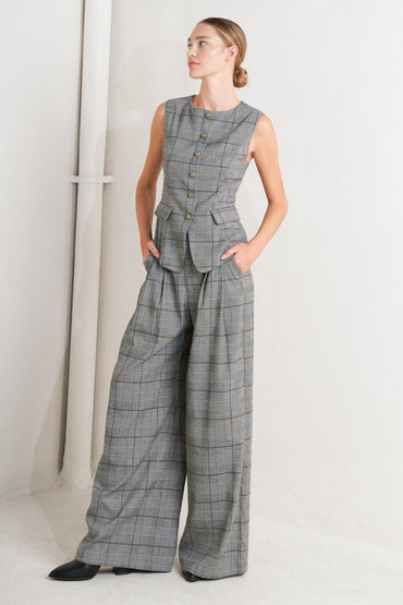 New Age Plaid Woven Vest Front Button Down Sleeveless