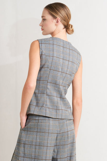 New Age Plaid Woven Vest Front Button Down Sleeveless