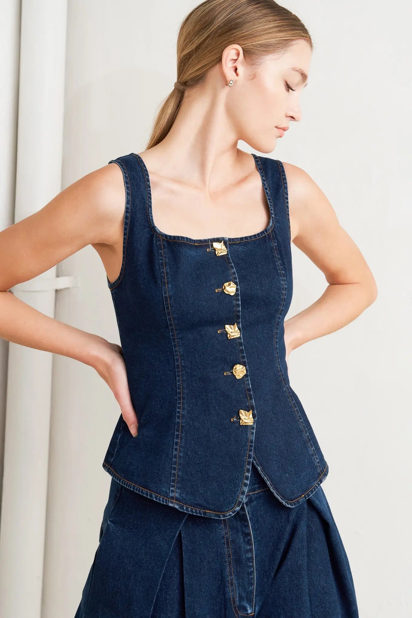 Quiet Luxe Sleeveless Denim Top With Square Neckline Front Button Down Flying Tomato