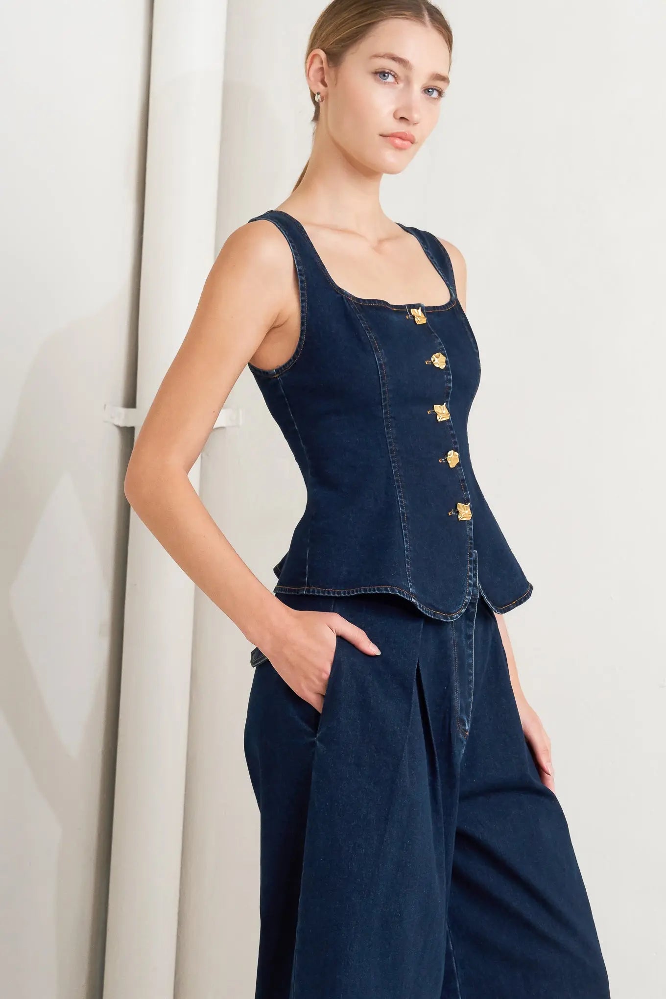 Quiet Luxe Sleeveless Denim Top With Square Neckline Front Button Down Flying Tomato
