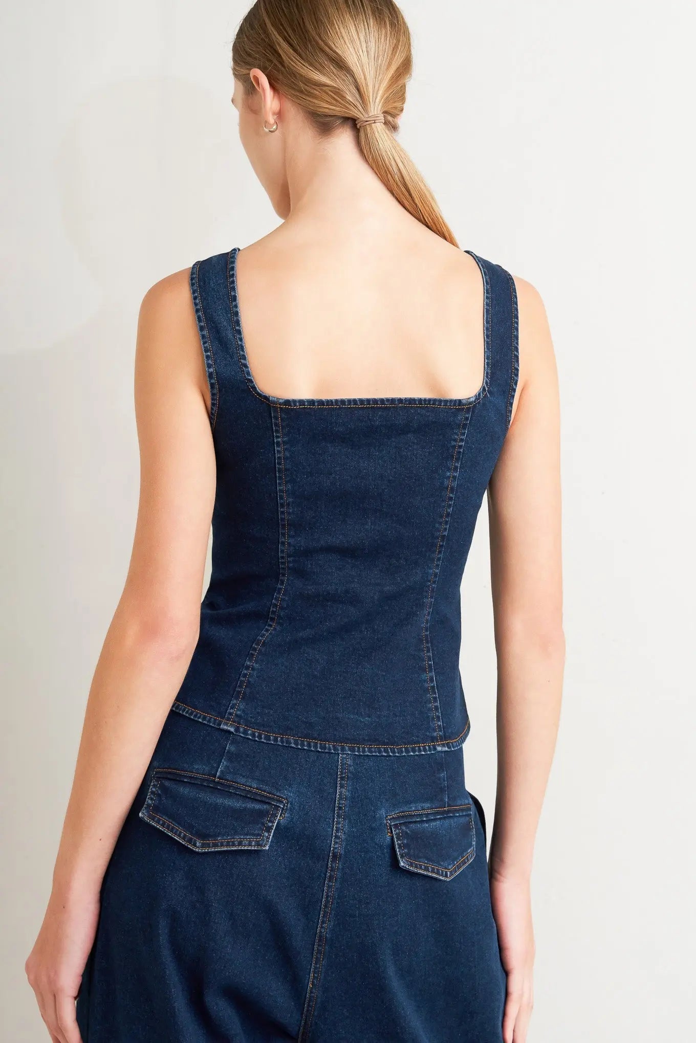 Quiet Luxe Sleeveless Denim Top With Square Neckline Front Button Down Flying Tomato