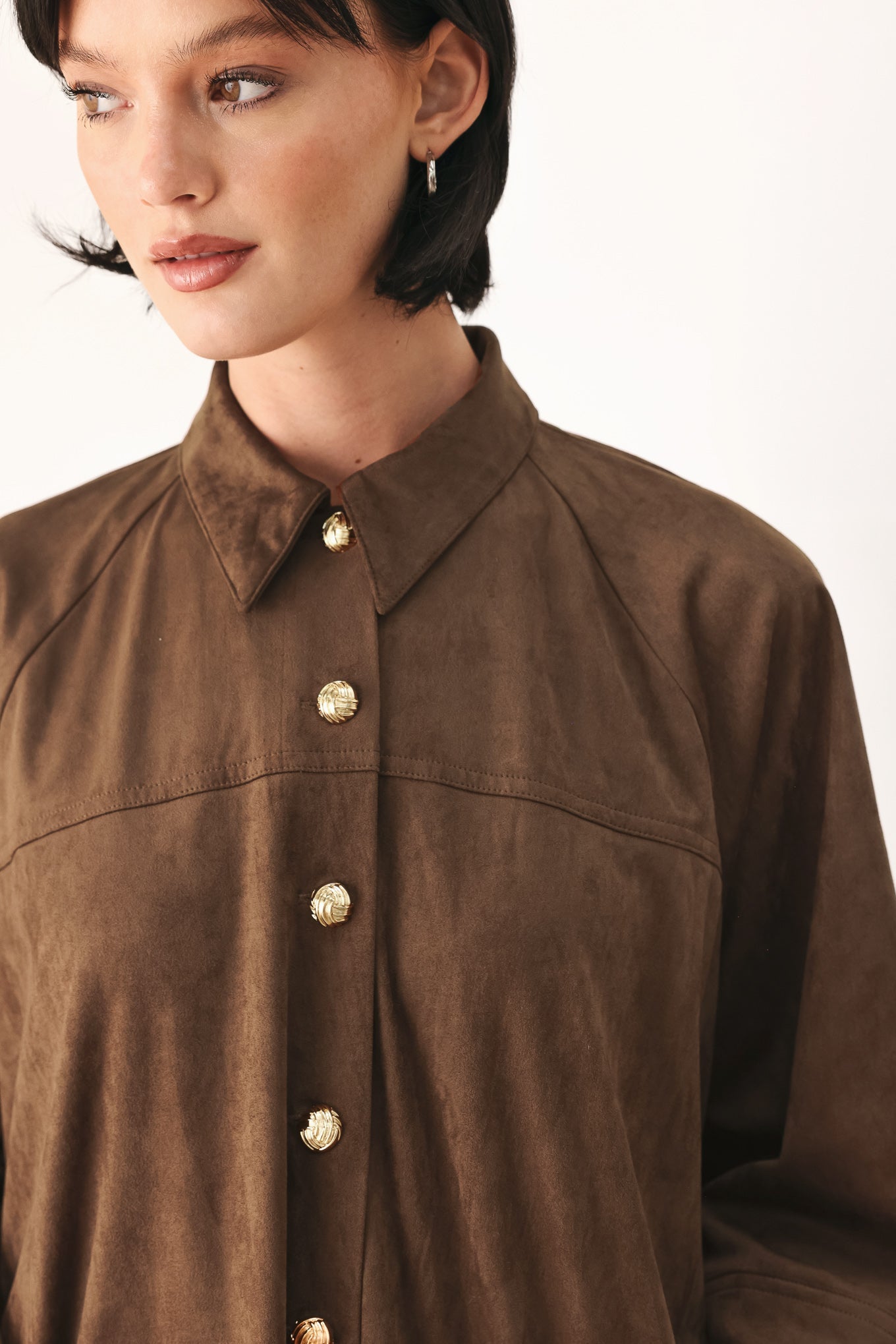 Womens Faux Suede Cropped Jacket Boxy A Line Button Front