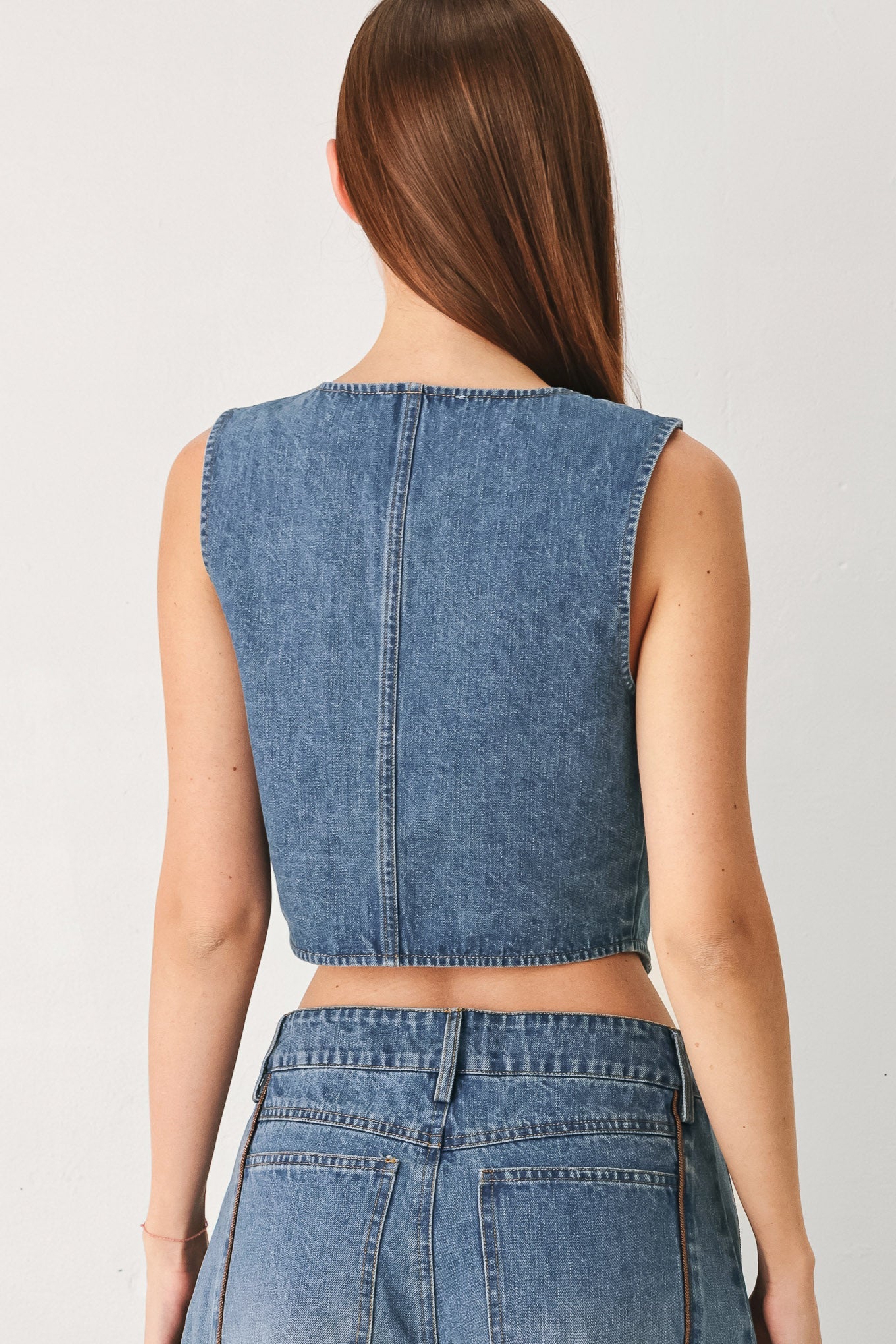 Western Muse Denim Vest With Front Button Down Piping Detail