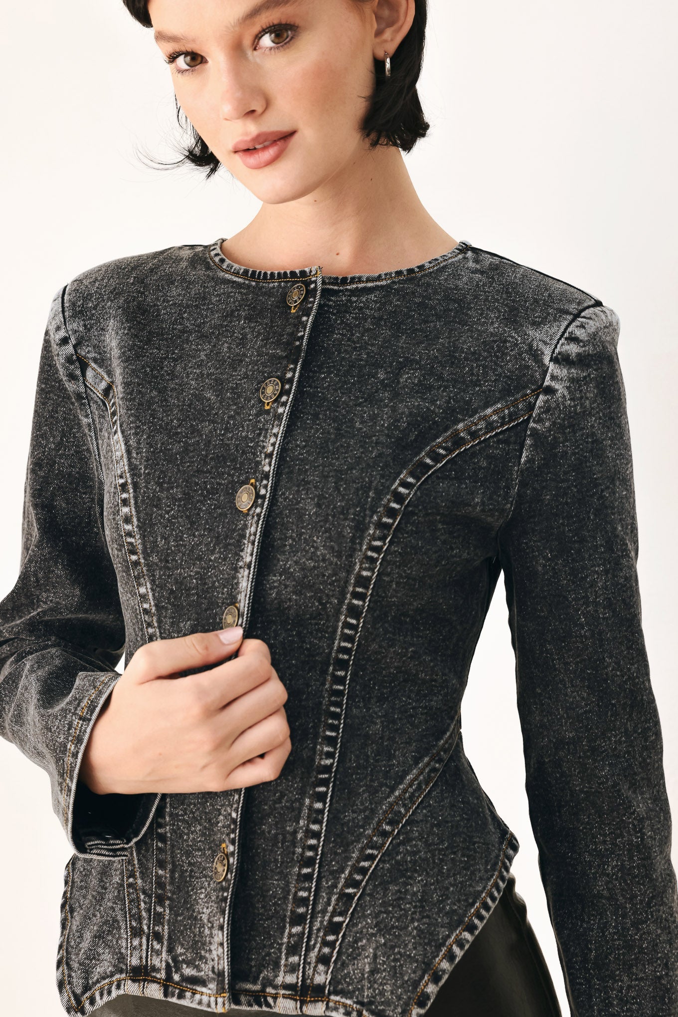 Womens Acid Wash Denim Peplum Jacket Dark Gray Button Front