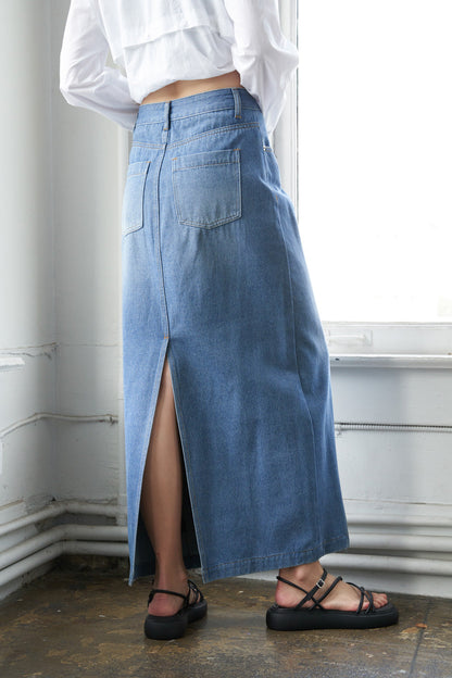 A LEAP OF FAITH MIDI DENIM SKIRT