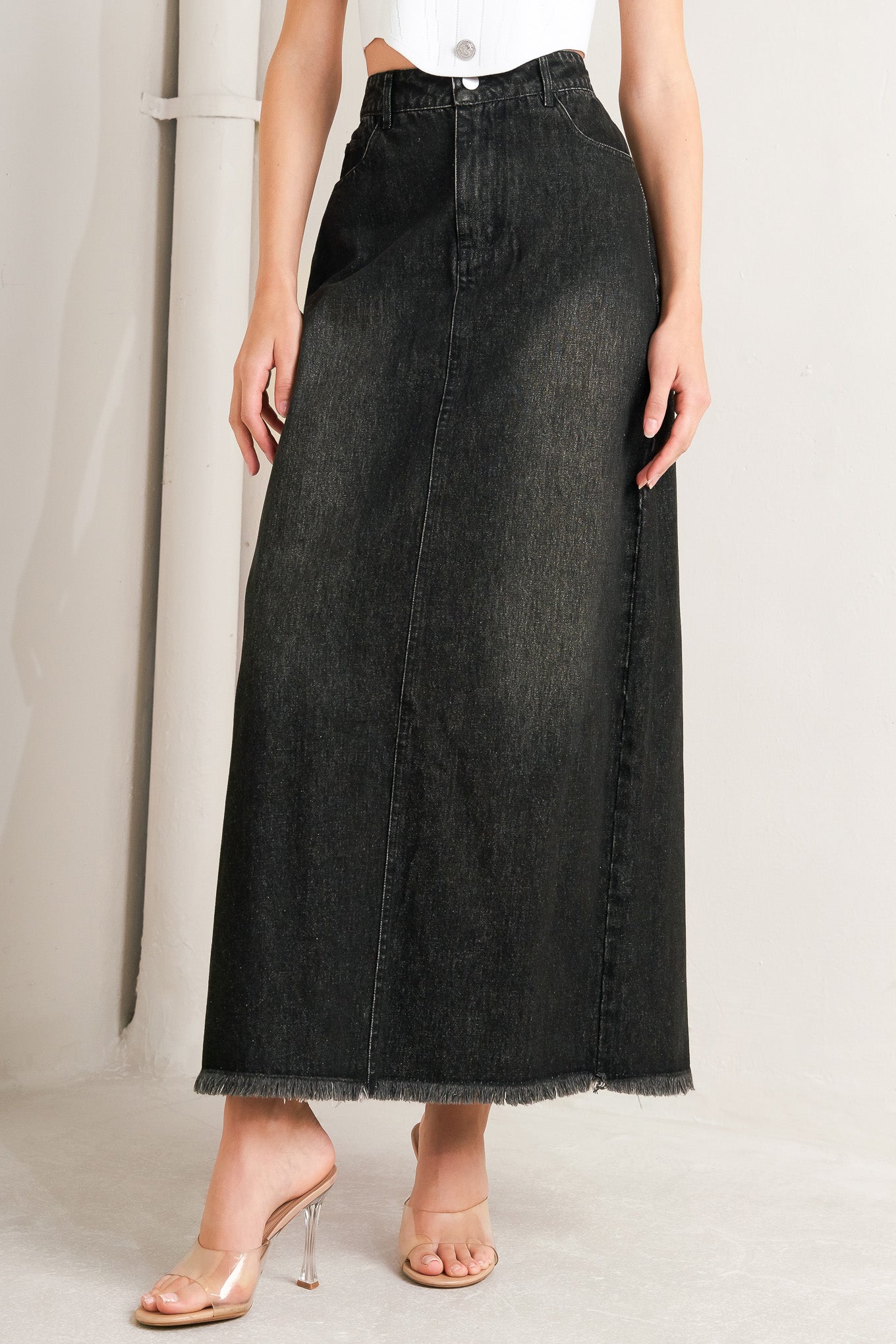 Talk About Beauty Denim Midi Skirt Frayed Hem Front Closure Flying Tomato