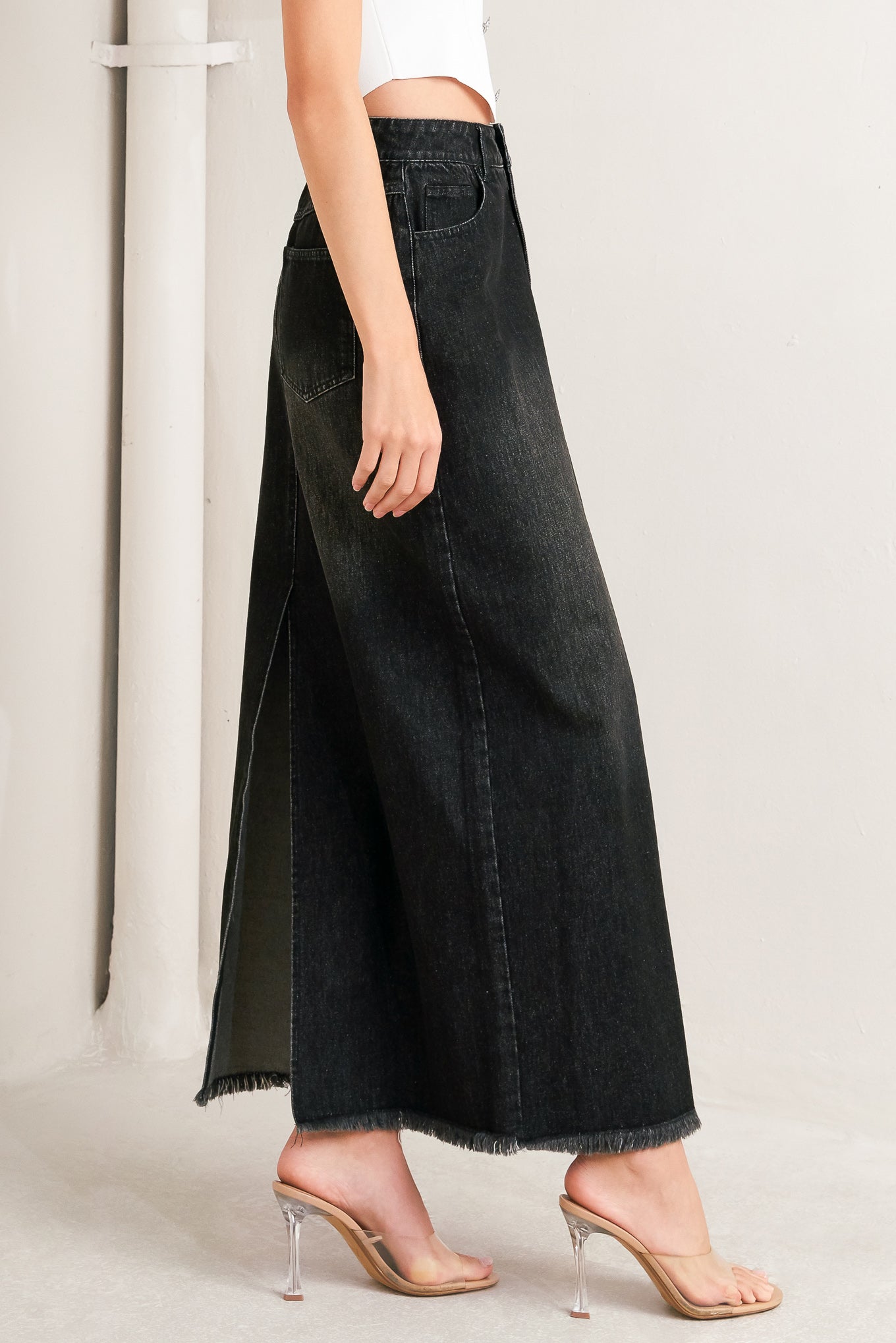 Talk About Beauty Denim Midi Skirt Frayed Hem Front Closure Flying Tomato
