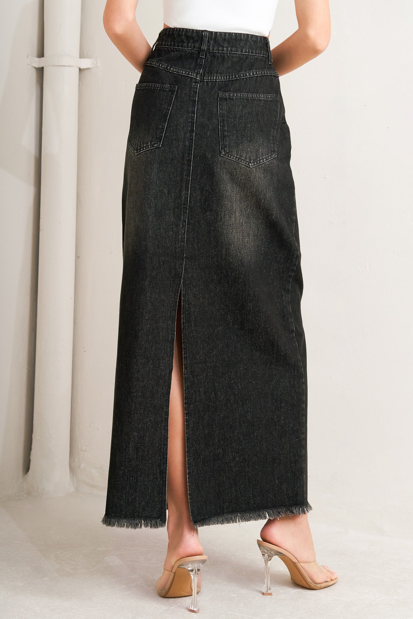 Talk About Beauty Denim Midi Skirt Frayed Hem Front Closure Flying Tomato