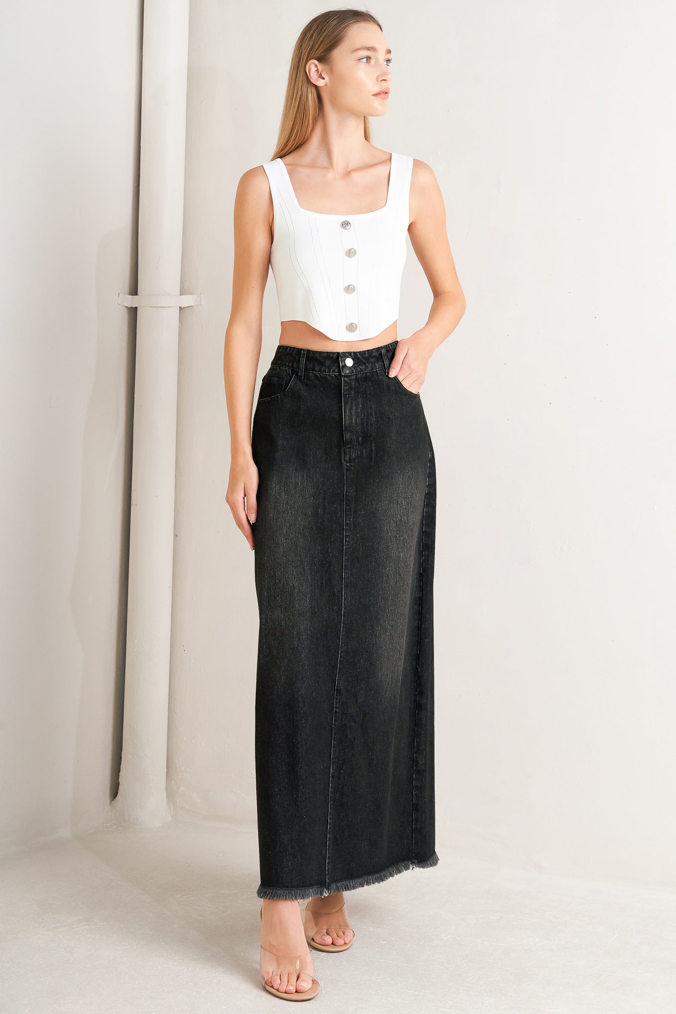 Talk About Beauty Denim Midi Skirt Frayed Hem Front Closure Flying Tomato