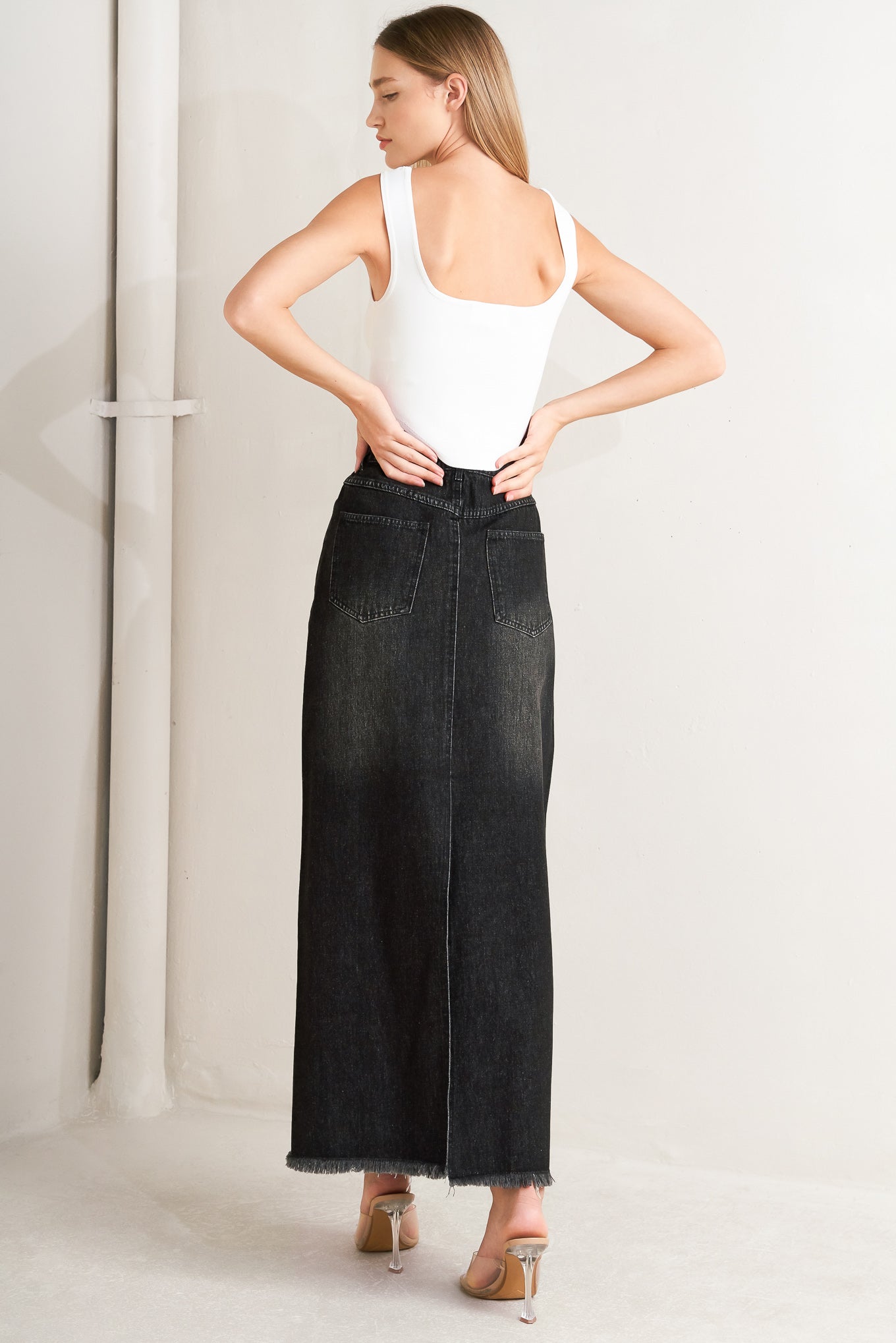 Talk About Beauty Denim Midi Skirt Frayed Hem Front Closure Flying Tomato