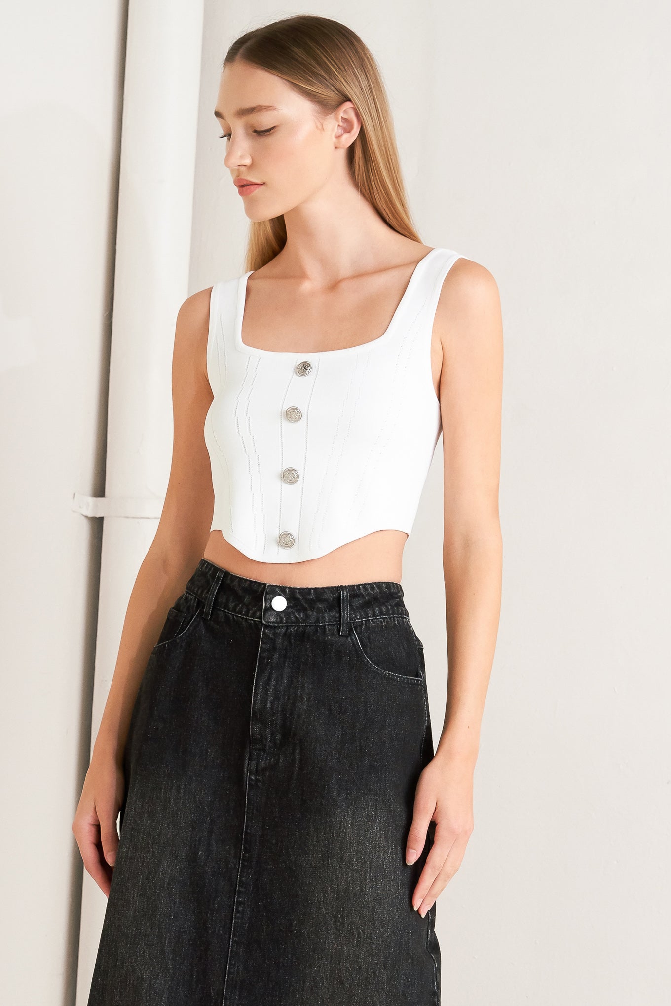 Talk About Beauty Denim Midi Skirt Frayed Hem Front Closure Flying Tomato