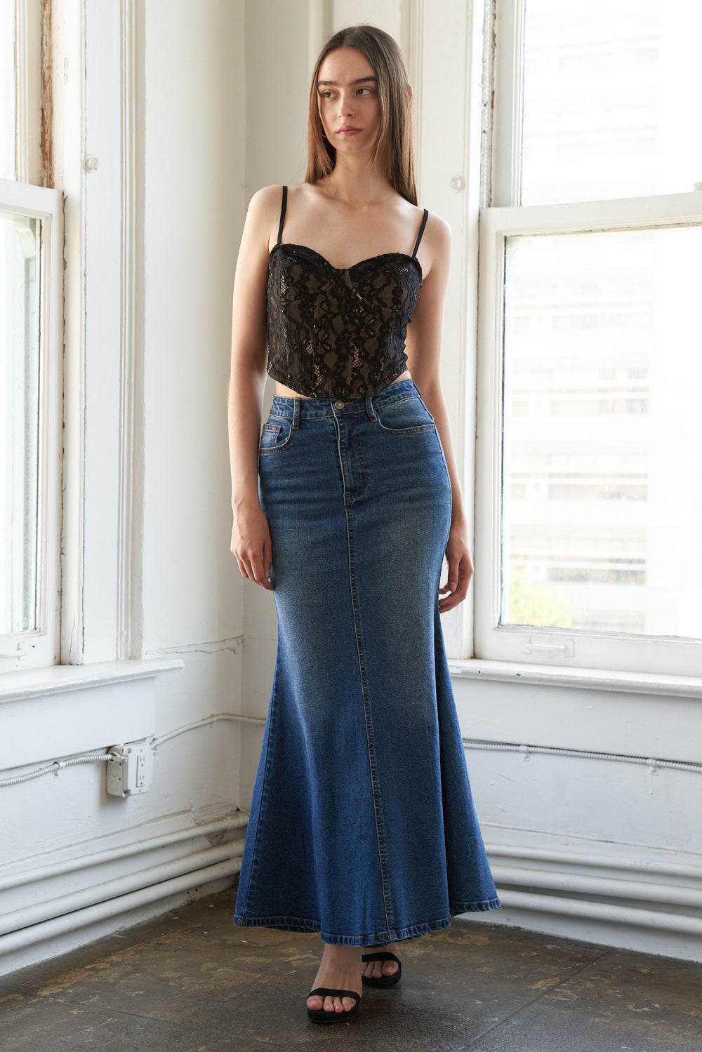 WHISPERING WINDS DENIM MIDI SKIRT