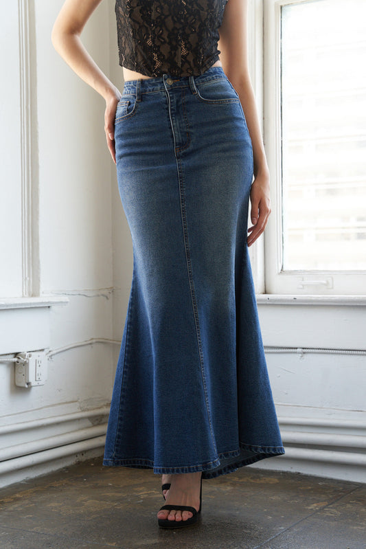 WHISPERING WINDS DENIM MIDI SKIRT Flying Tomato