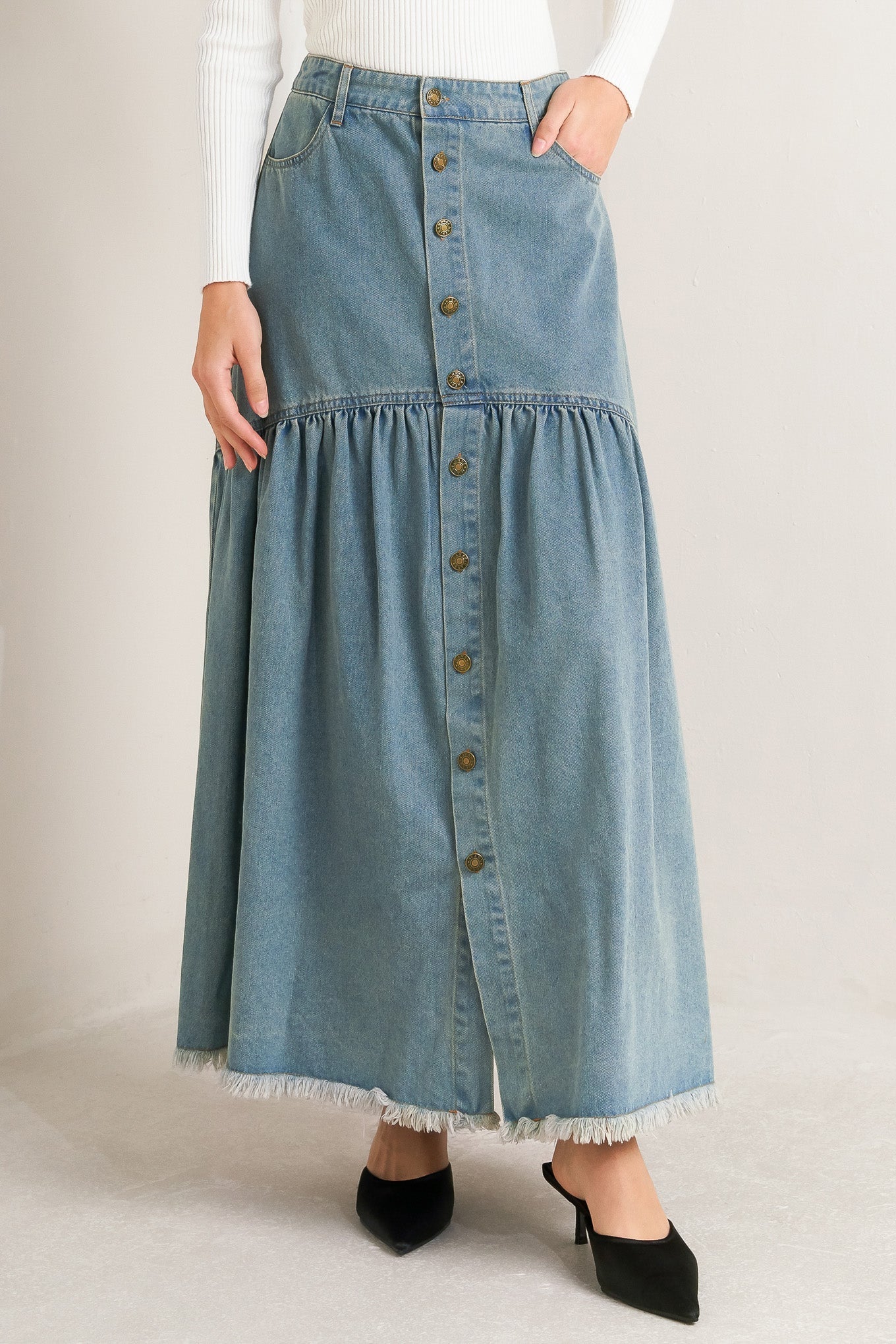 Intricate Charm Denim Midi Skirt With Button Down Pockets Flying Tomato