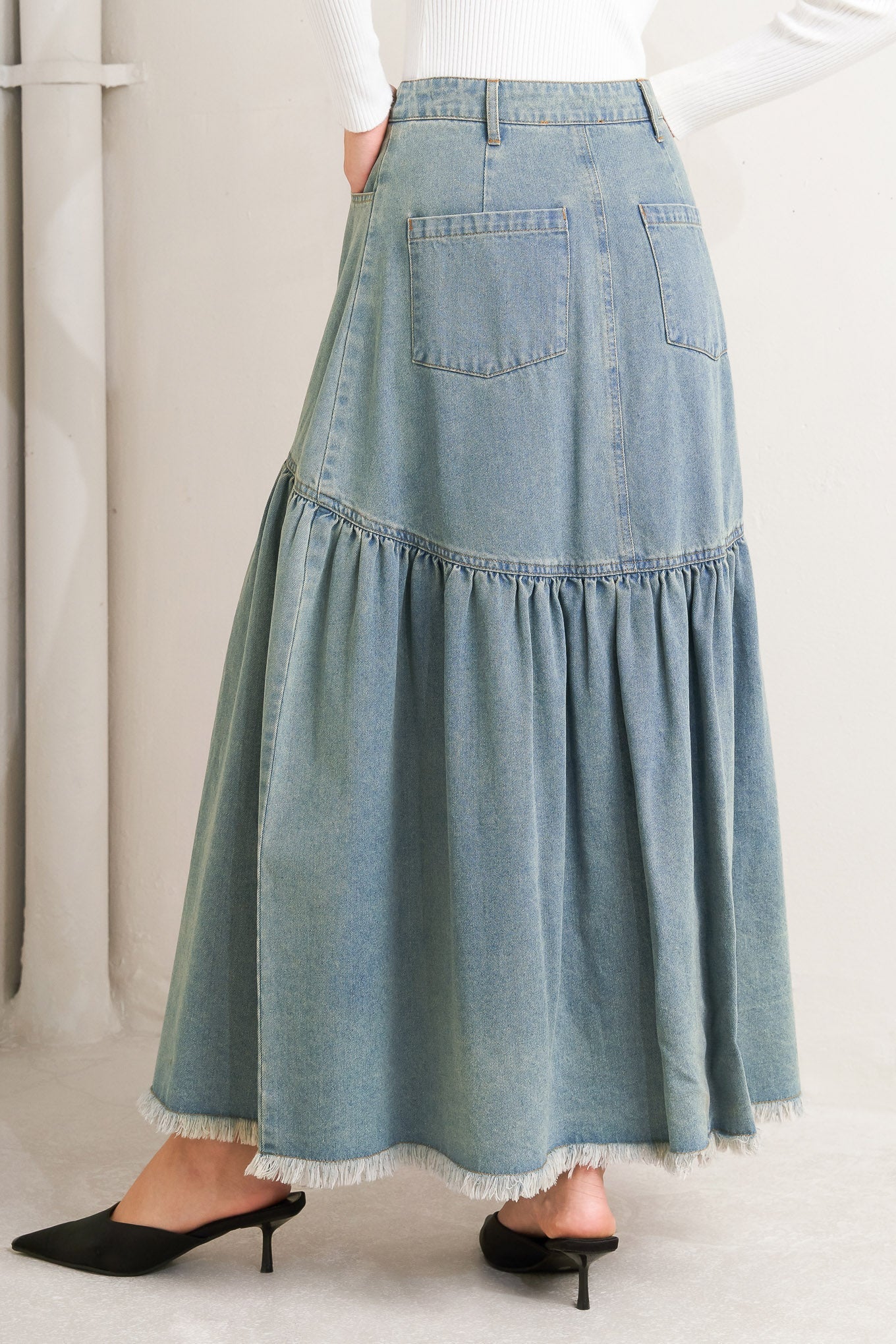 Intricate Charm Denim Midi Skirt With Button Down Pockets Flying Tomato