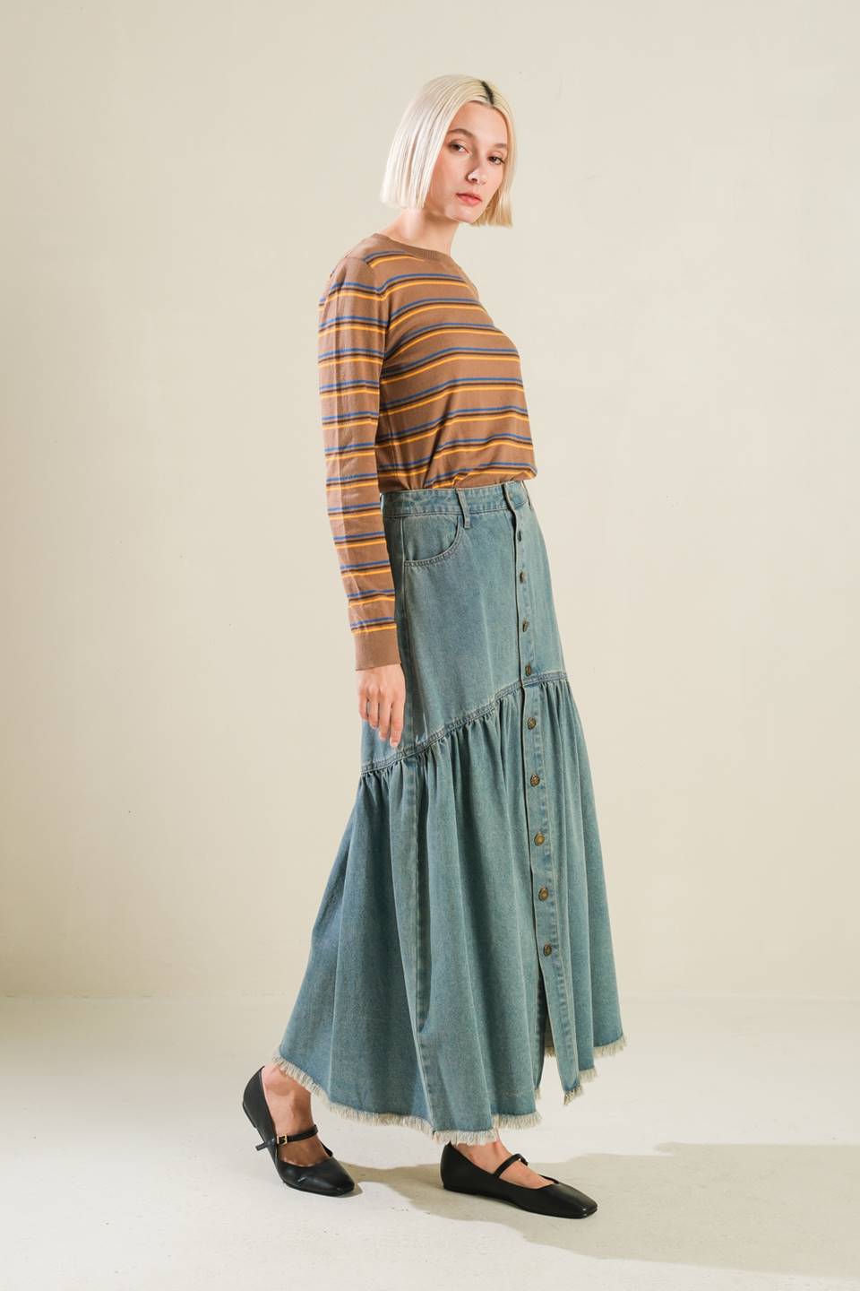 INTRICATE CHARM DENIM MIDI SKIRT Flying Tomato