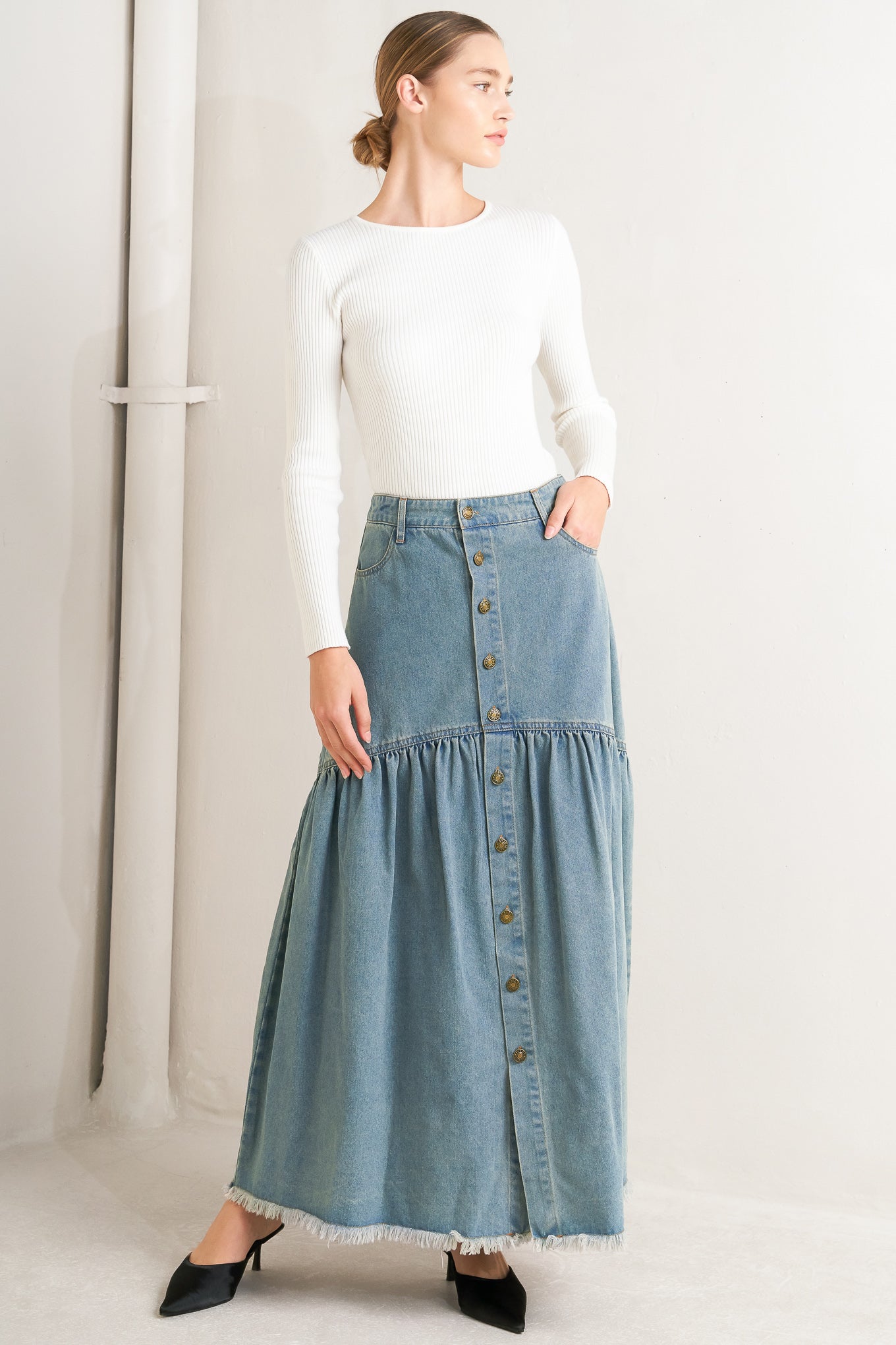 Intricate Charm Denim Midi Skirt With Button Down Pockets Flying Tomato