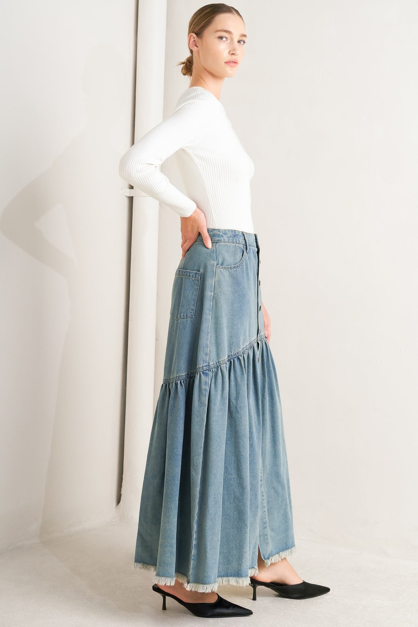 Intricate Charm Denim Midi Skirt With Button Down Pockets Flying Tomato