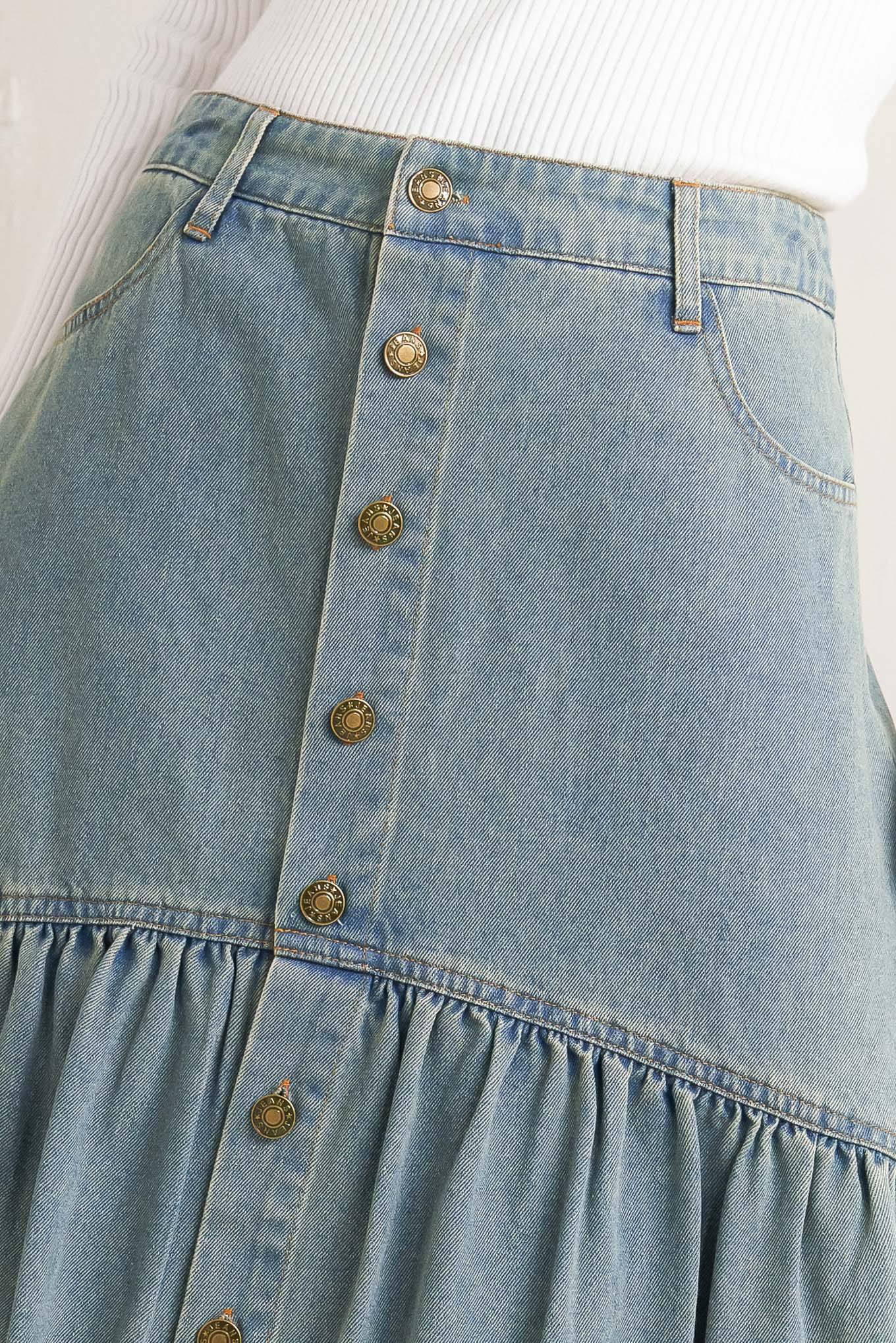 Intricate Charm Denim Midi Skirt With Button Down Pockets Flying Tomato