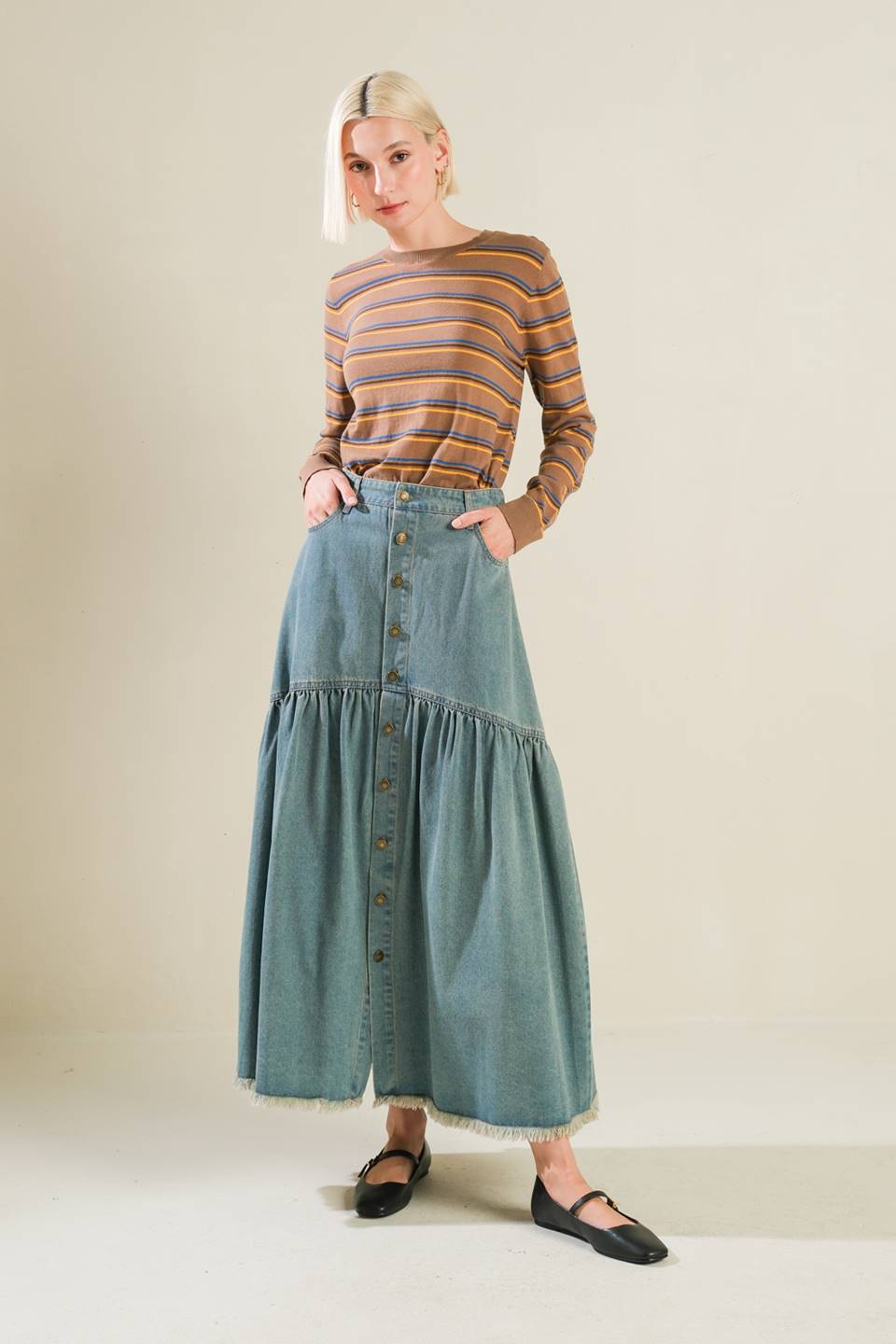 INTRICATE CHARM DENIM MIDI SKIRT Flying Tomato