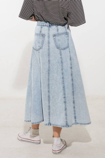 Urban Cowgirl Denim Midi Skirt with Pockets and Closure