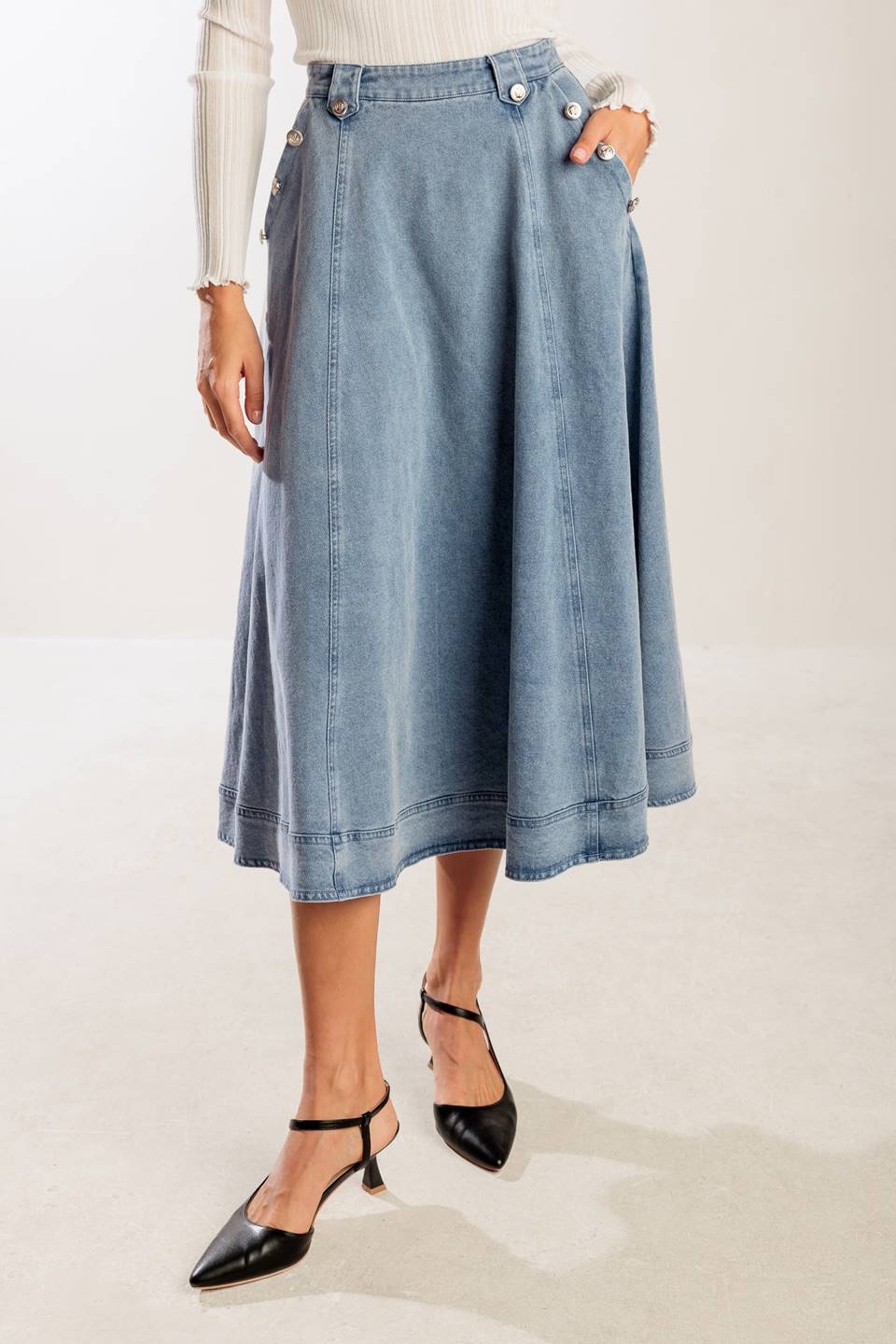 AT FIRST GLANCE DENIM MIDI SKIRT Flying Tomato