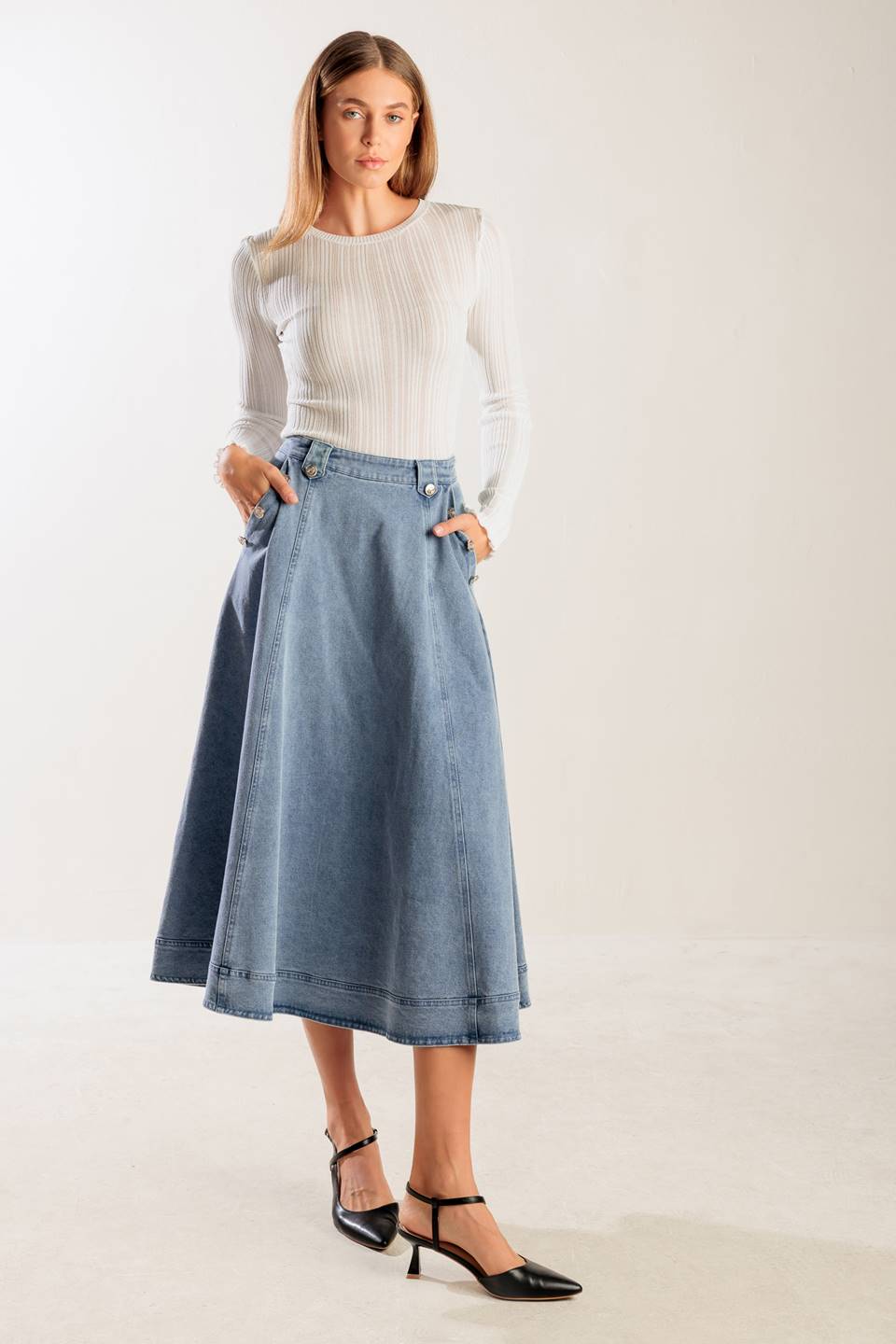 AT FIRST GLANCE DENIM MIDI SKIRT Flying Tomato