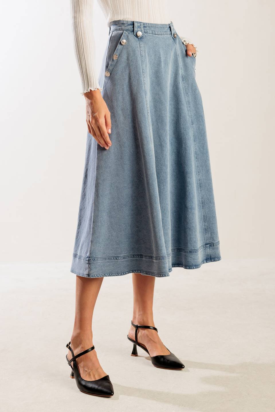AT FIRST GLANCE DENIM MIDI SKIRT Flying Tomato