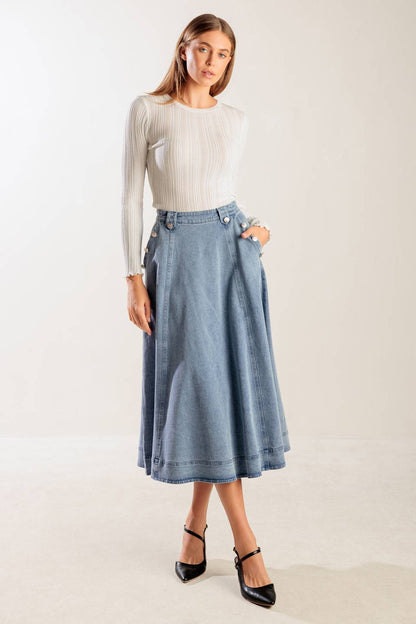 AT FIRST GLANCE DENIM MIDI SKIRT