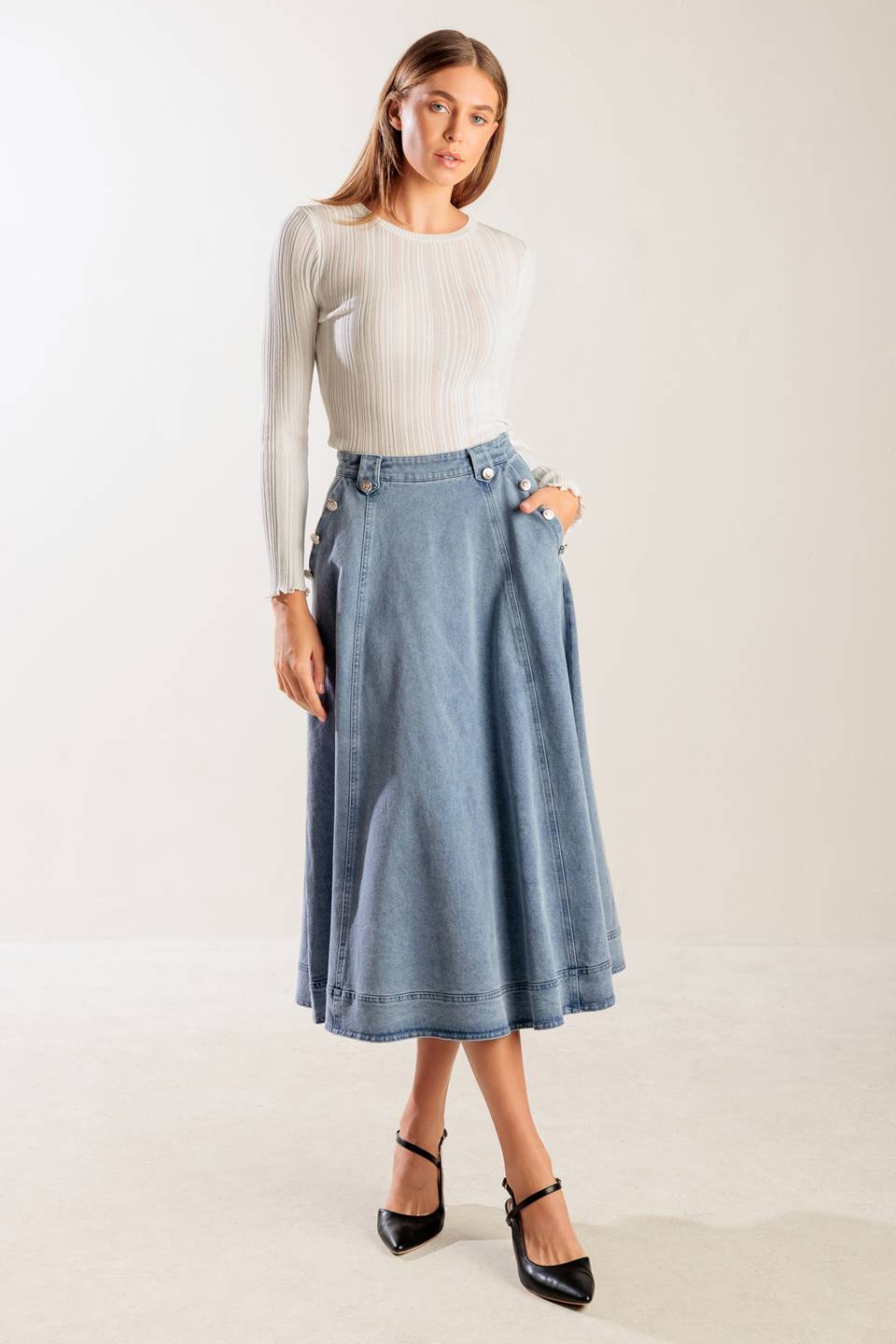 AT FIRST GLANCE DENIM MIDI SKIRT Flying Tomato