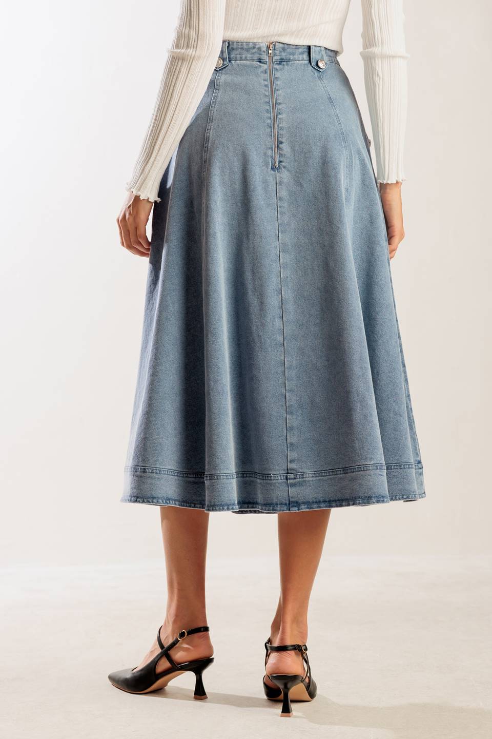 AT FIRST GLANCE DENIM MIDI SKIRT Flying Tomato