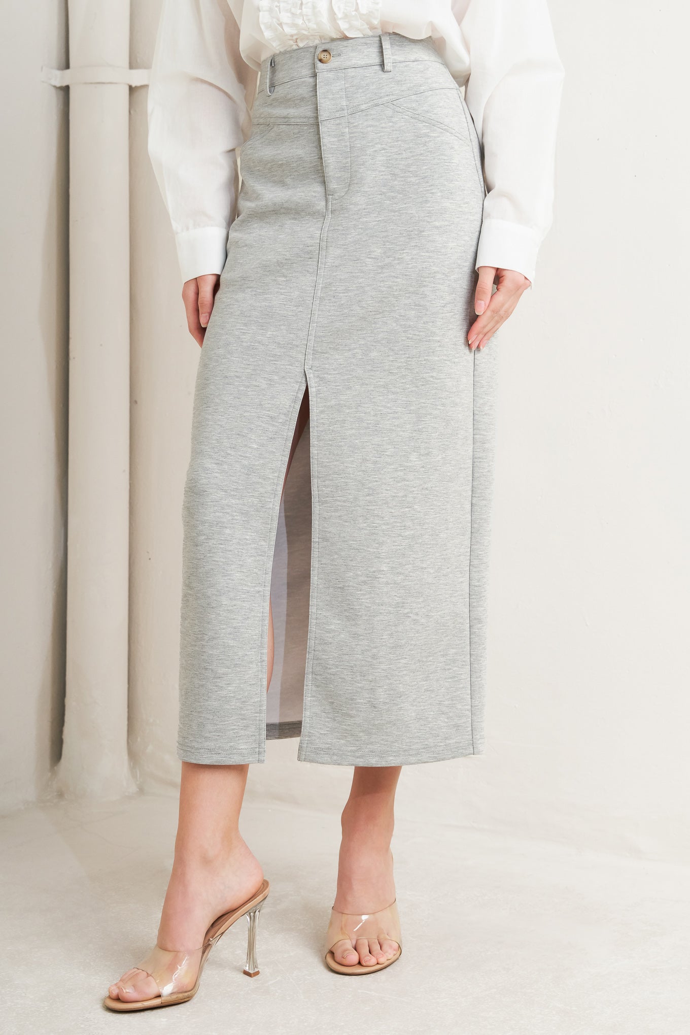 Lovely By Nature Solid Knit Pencil Midi Skirt With Front Slit And Back Pocket Flying Tomato