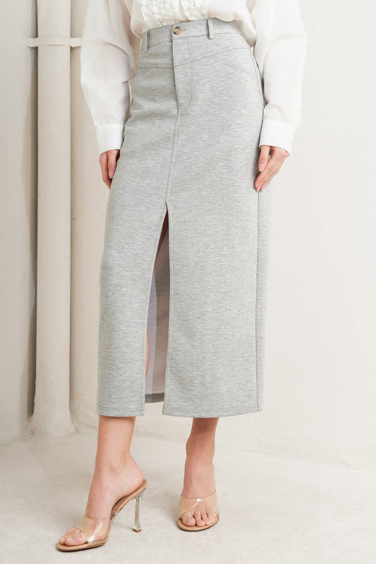 Lovely By Nature Solid Knit Pencil Midi Skirt With Front Slit And Back Pocket Flying Tomato