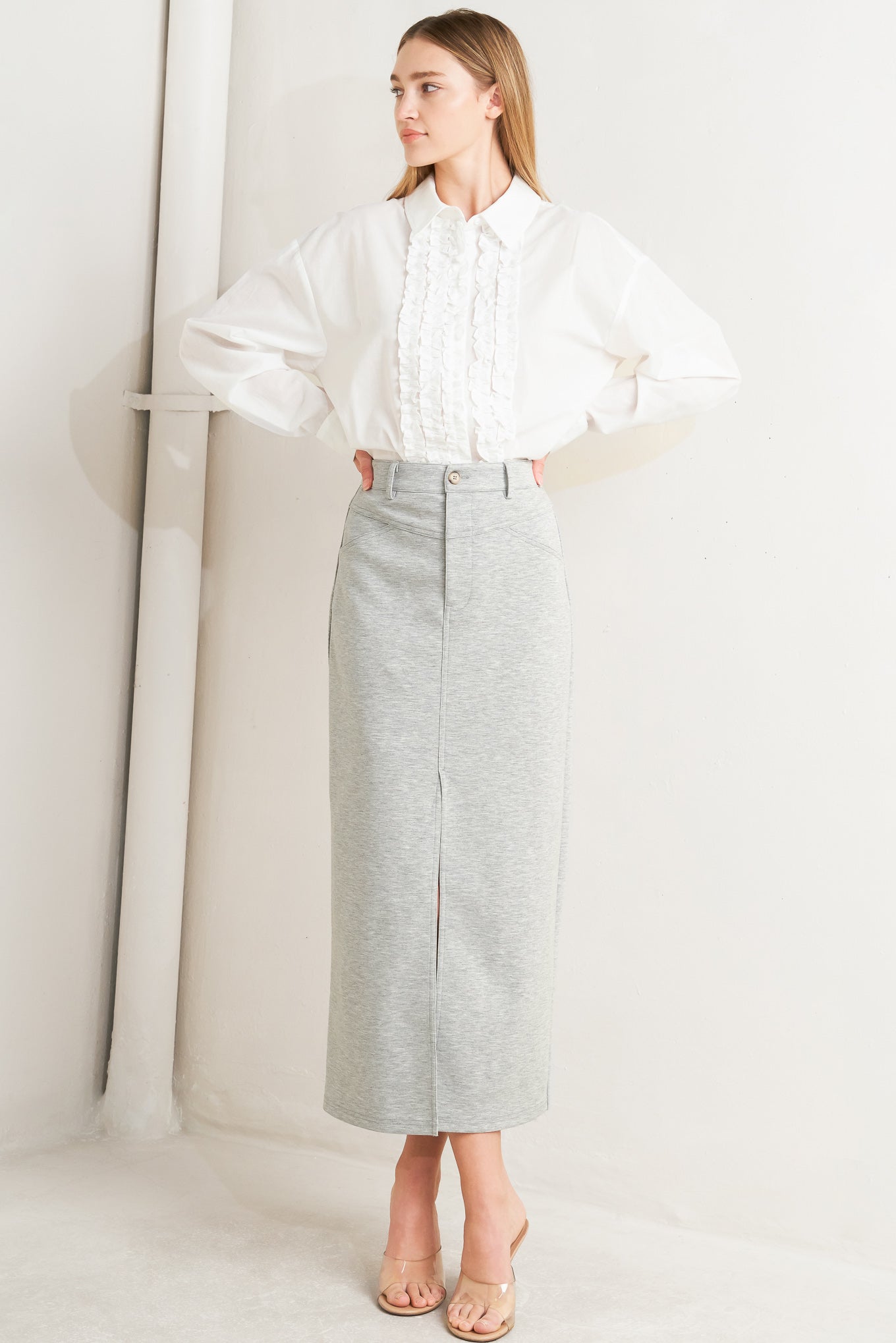 Lovely By Nature Solid Knit Pencil Midi Skirt With Front Slit And Back Pocket Flying Tomato