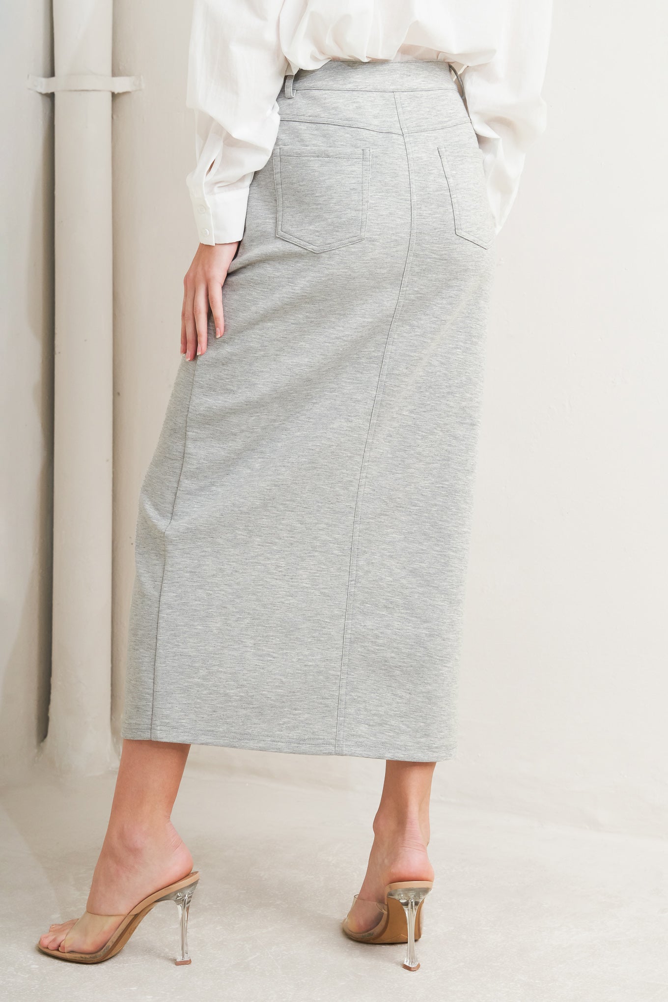 Lovely By Nature Solid Knit Pencil Midi Skirt With Front Slit And Back Pocket Flying Tomato