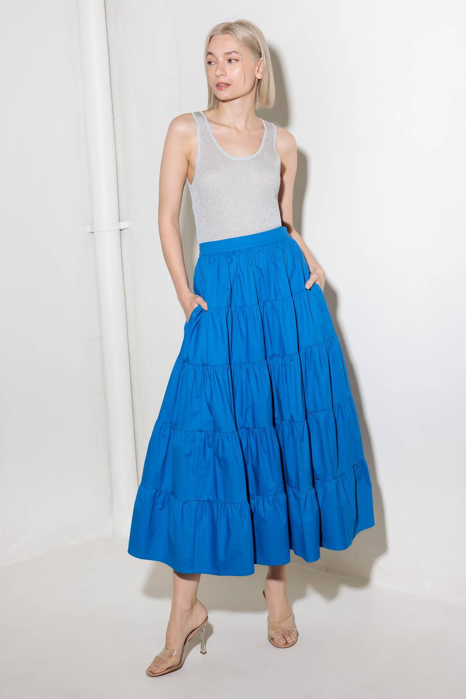 SIMPLY SPELLBOUND BLUE WOVEN FULL MIDI SKIRT Flying Tomato