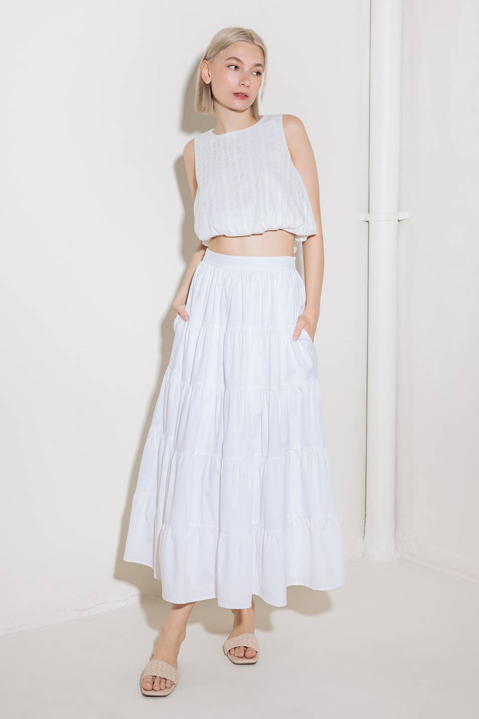 SIMPLY SPELLBOUND WHITE WOVEN FULL MIDI SKIRT Flying Tomato