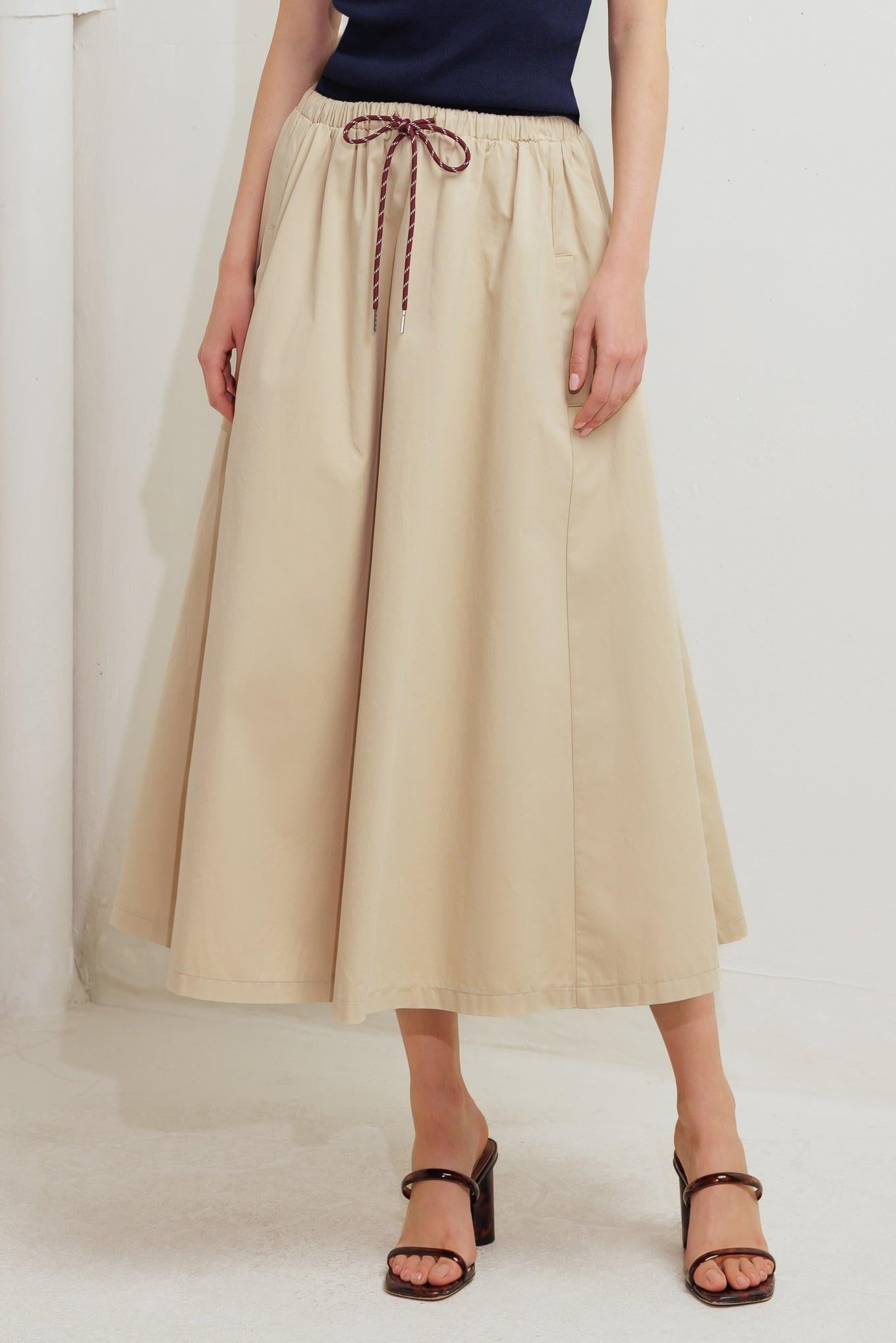 Flying Tomato Weekend Parisian Woven Midi Skirt, highlighting the quality stitching and attention to detail in its design.
