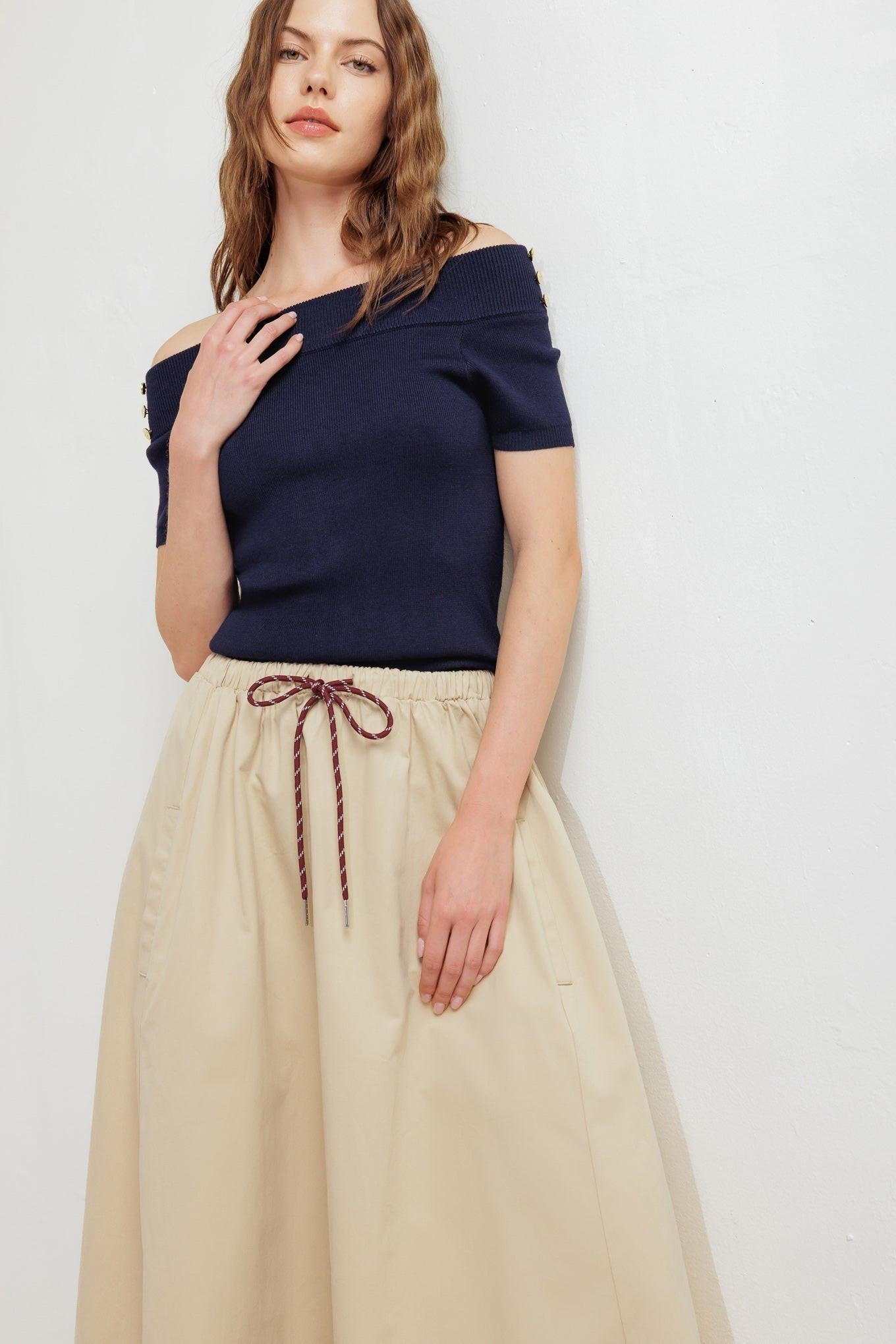 Flying Tomato Weekend Parisian Woven Midi Skirt, elegant back view showcasing the graceful drape and flow of the woven materi