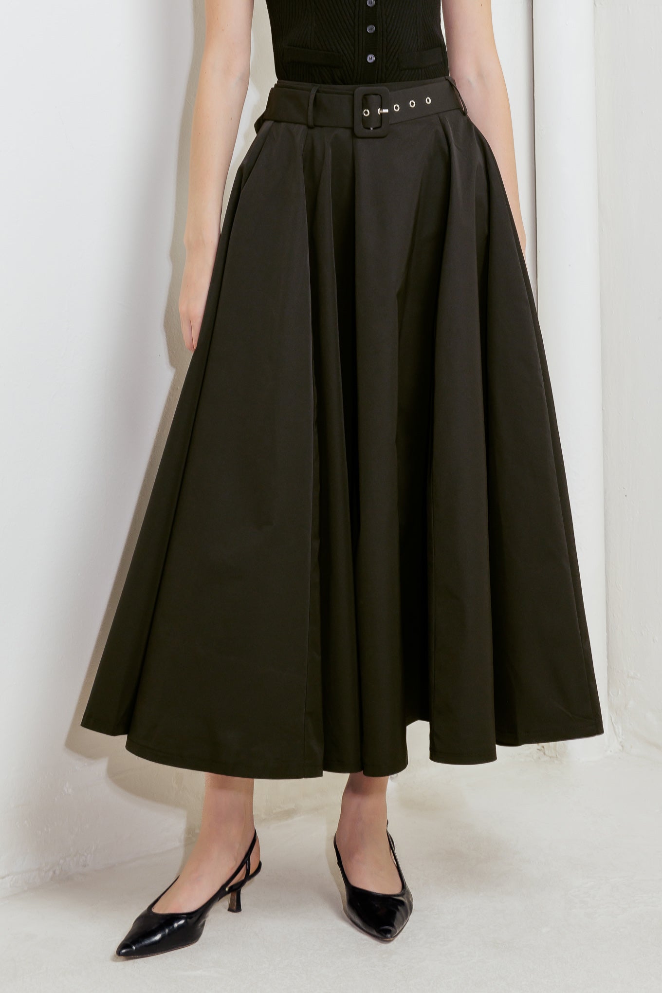 GOLDEN STILL BLACK WOVEN FULL MIDI SKIRT Flying Tomato